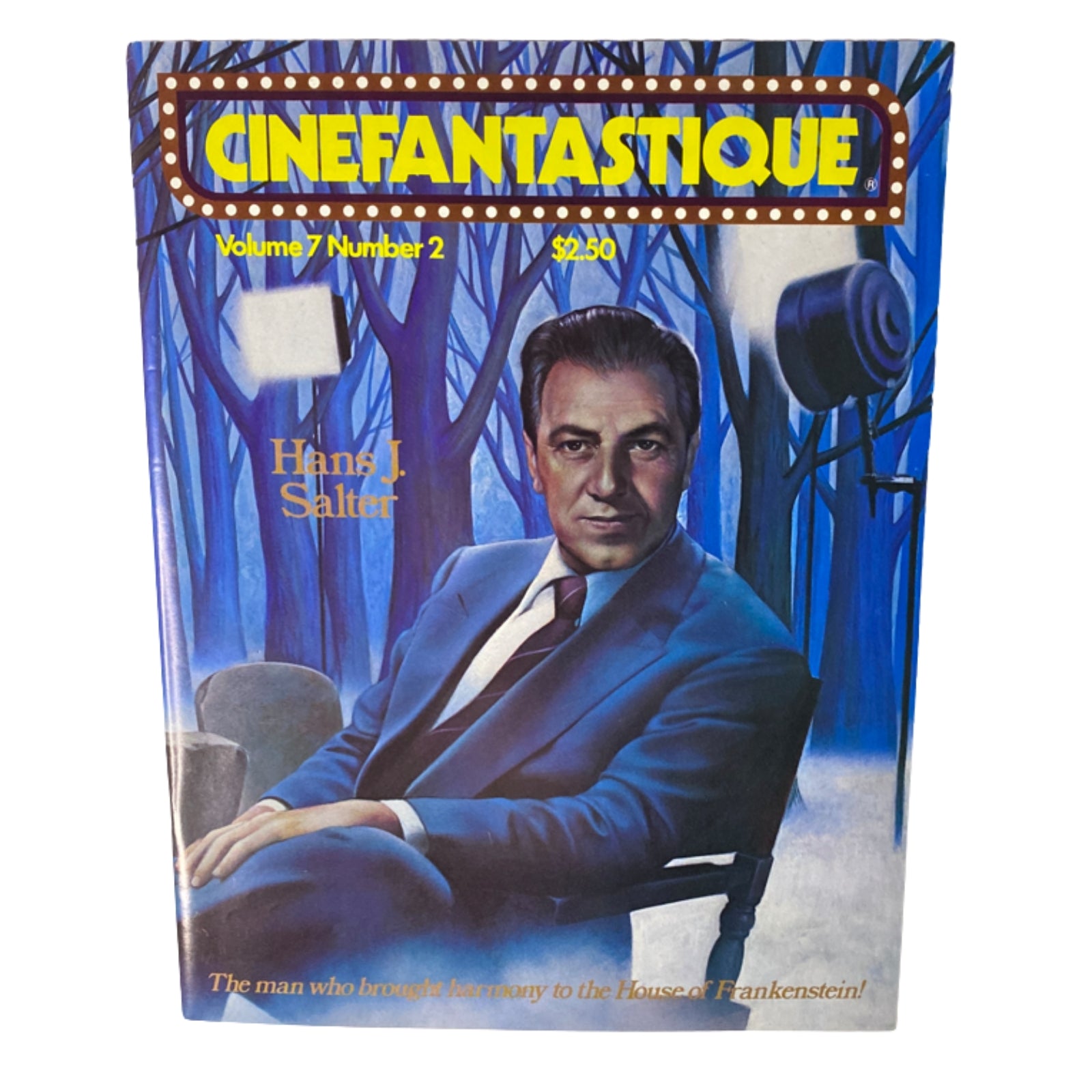 Cinefantastique Magazine Summer 1978 Vol 7 No. 2 featuring Hans J. Salter on the cover, showcasing a portrait of the composer known for his contributions to classic horror films, evocative artwork in a mysterious forest setting.