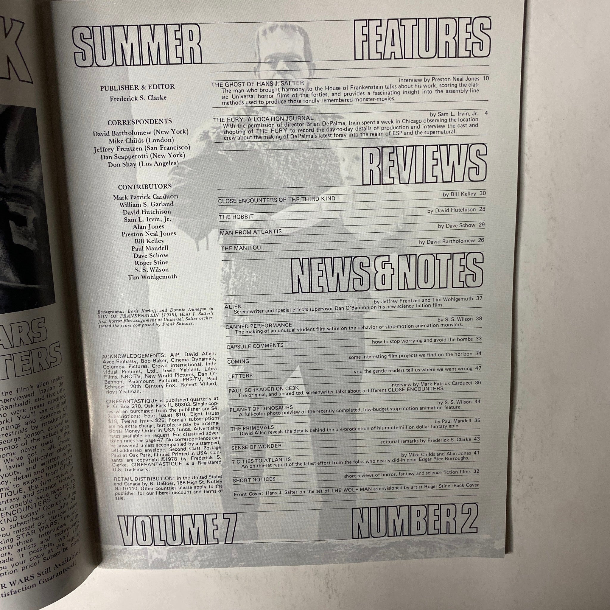 Inside page of Cinefantastique Magazine Summer 1978 Vol 7 No. 2, showcasing the table of contents, featuring segments like 'Summer Features' and 'Reviews', relevant for classic film enthusiasts.