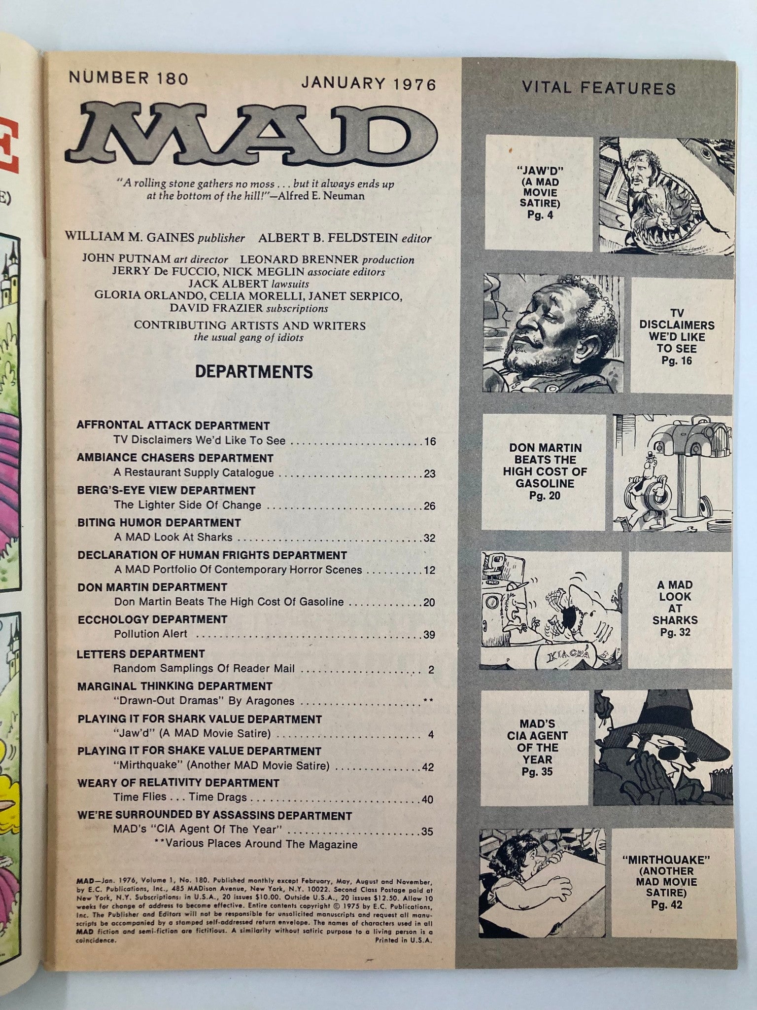 Mad Magazine January 1976 No. 180 Jaws VG Very Good 4.0 No Label