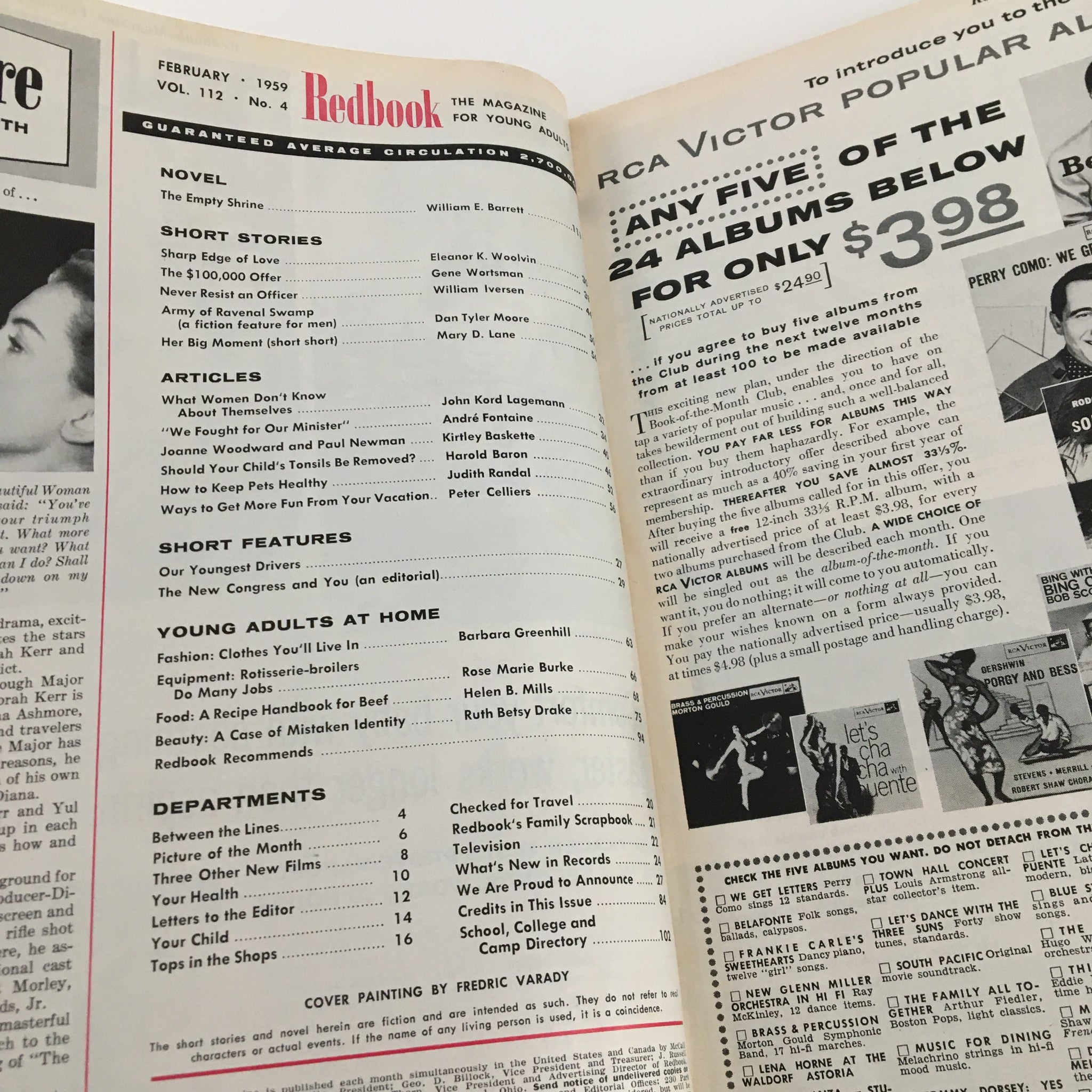 Interior page of Redbook Magazine February 1959 showing article titles and features, including a piece about Joann Woodward and Paul Newman.