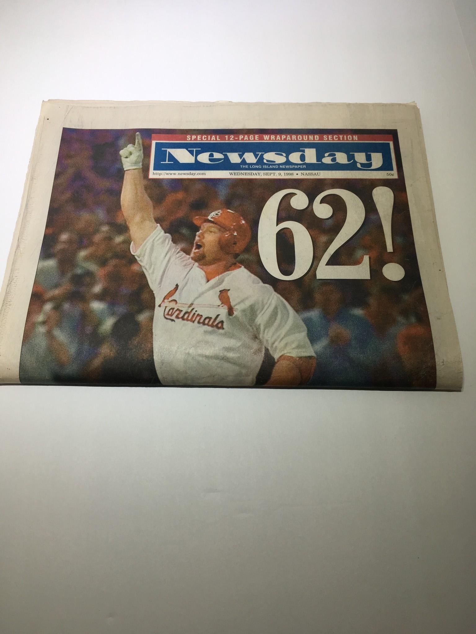 Newsday: Sept 9 1998 62!, Mark Mcgwire HR home run chase ST louis cardinals