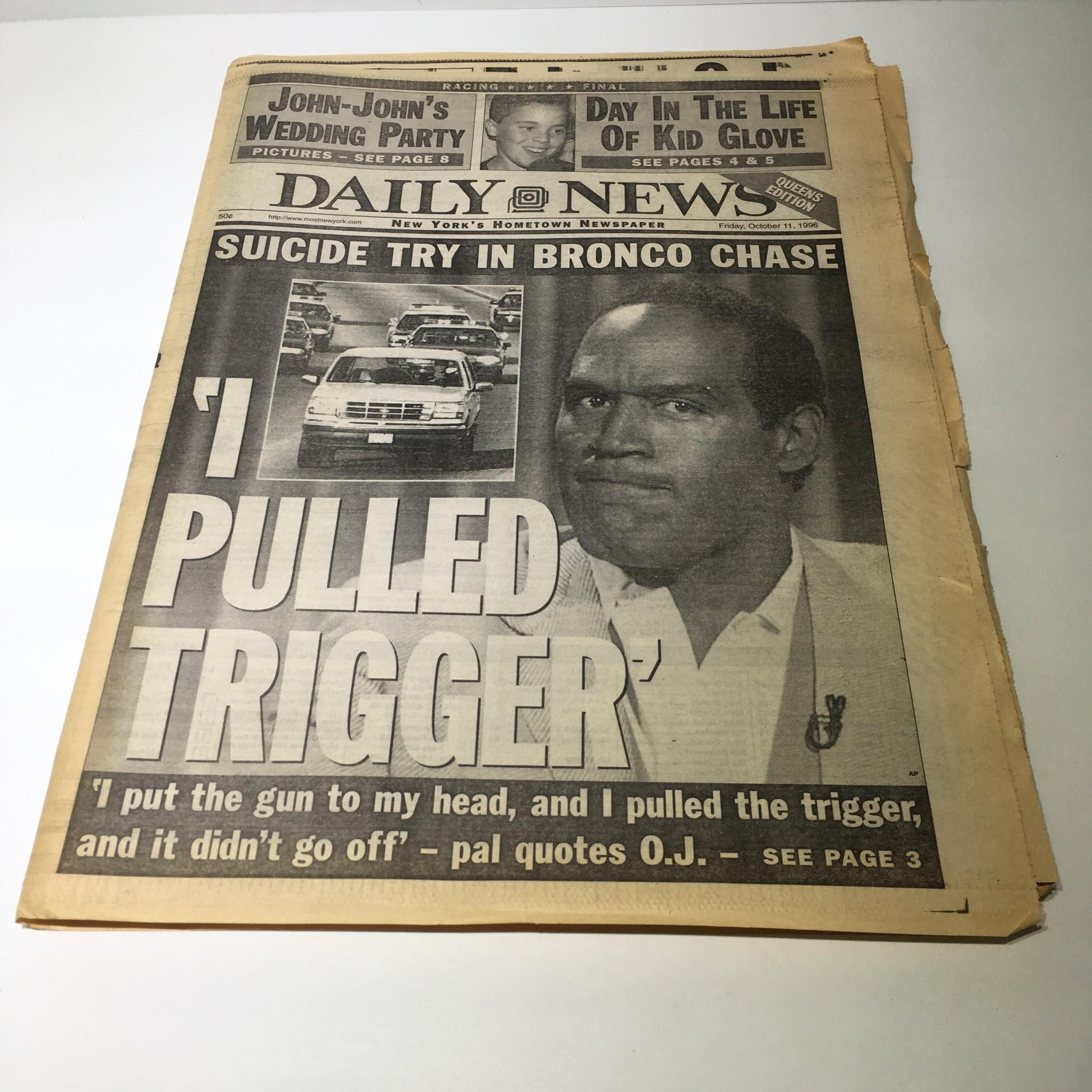 NY Daily News: Oct 11 1996 Suicide Try In Bronco Chase, Excellent Condition