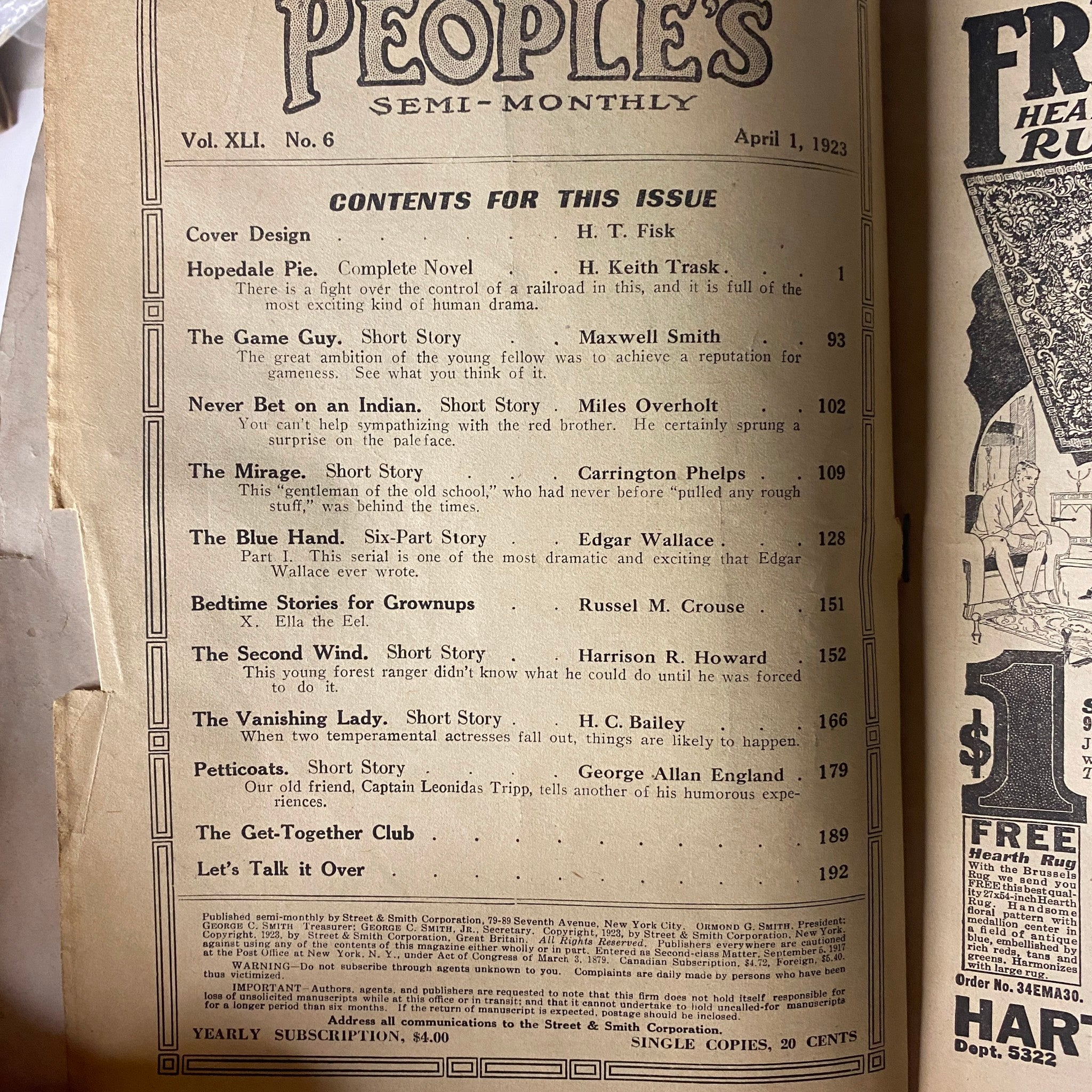 Table of Contents from People's Magazine, Volume 41, No. 6, dated April 1, 1923, listing the stories and articles featured, including 'Hopedale Pie' and 'The Game Guy'.