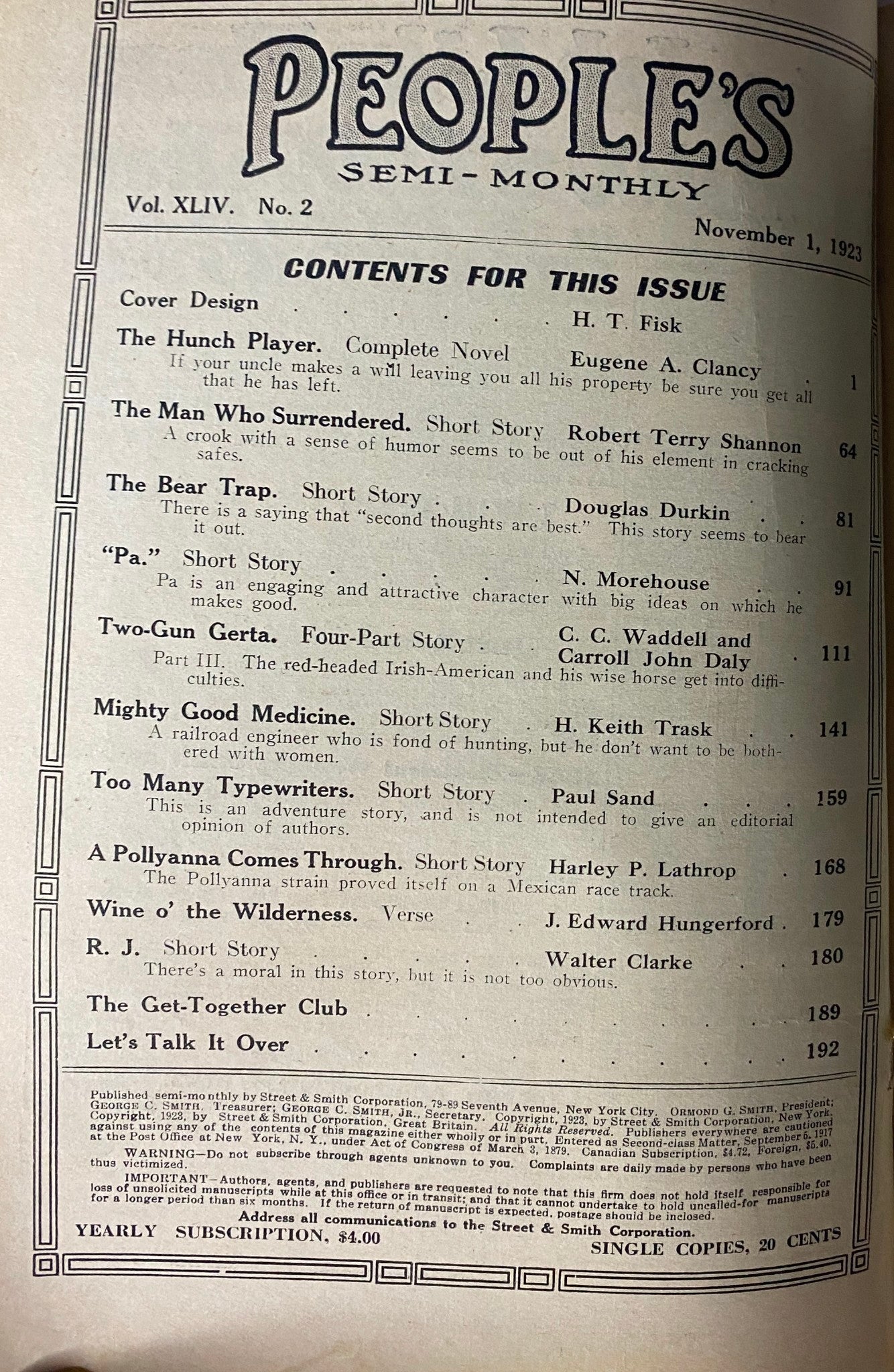 Inside page from People’s Story Magazine, November 1, 1923, featuring the table of contents for the issue, highlighting stories like 'The Hunch Player' by Eugene A. Clancy. This vintage pulp magazine offers a glimpse into early 20th-century storytelling.
