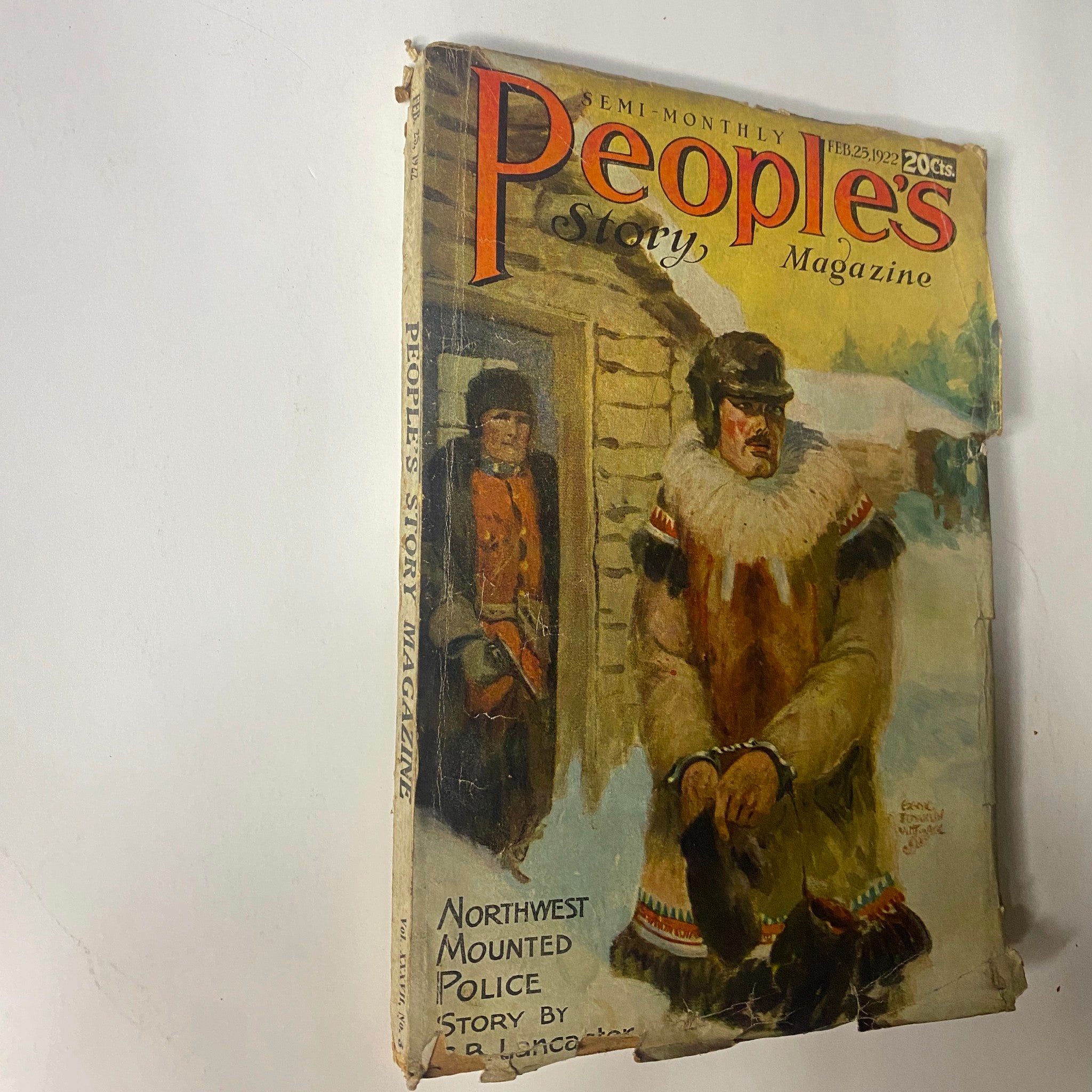 Semi-monthly People's Story Magazine dated February 25, 1922, displaying the artwork of a Northwest Mounted Police officer on its cover, highlighting the historical pulp magazine's aesthetic.