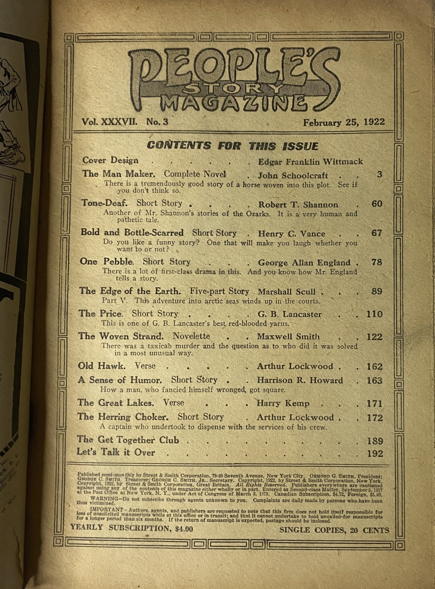 Contents page of People's Story Magazine, February 25, 1922, featuring the outline of stories including 'The Man Maker' and various short stories.