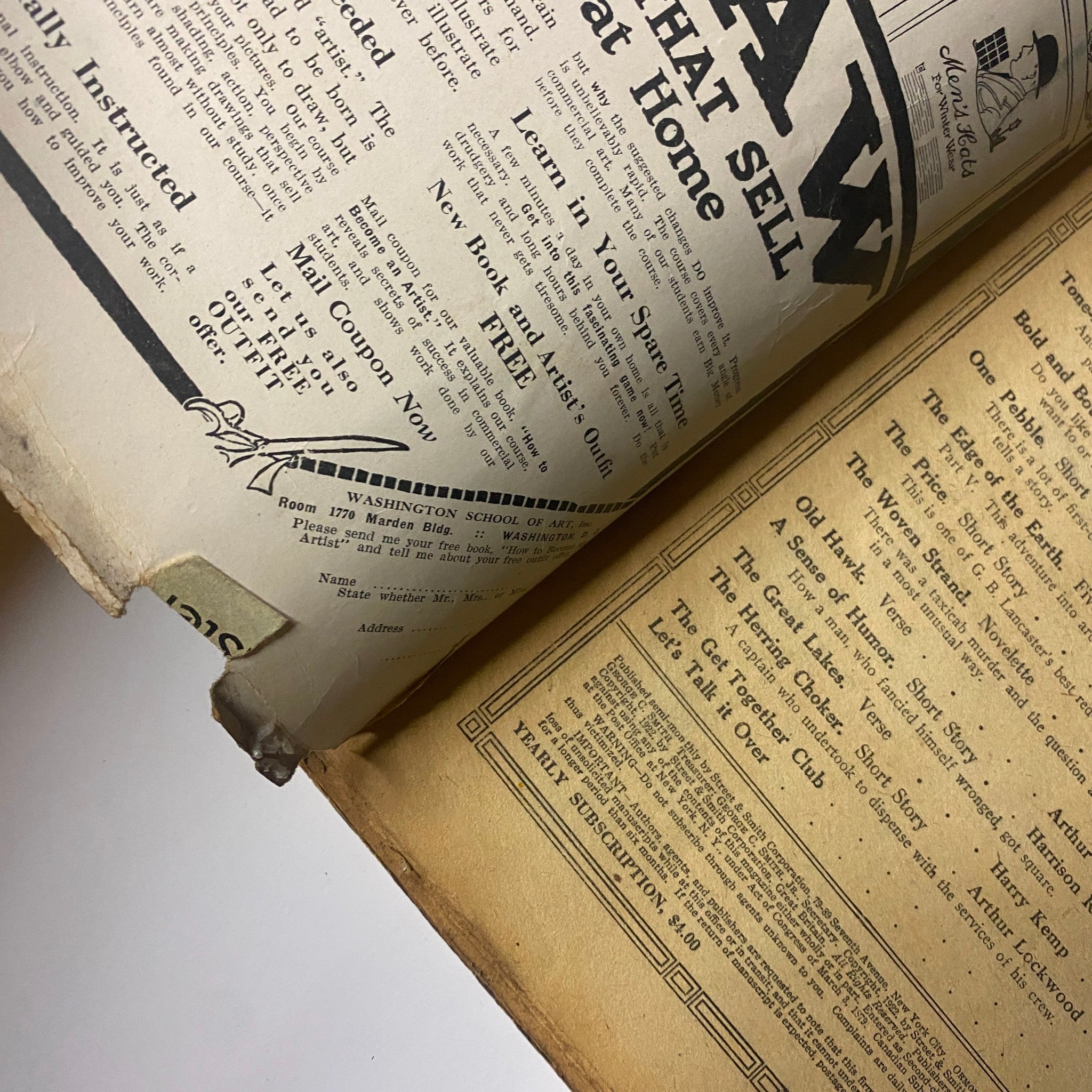 Interior page of People's Story Magazine, February 25, 1922, showing an advertisement on the left and part of the magazine content on the right.