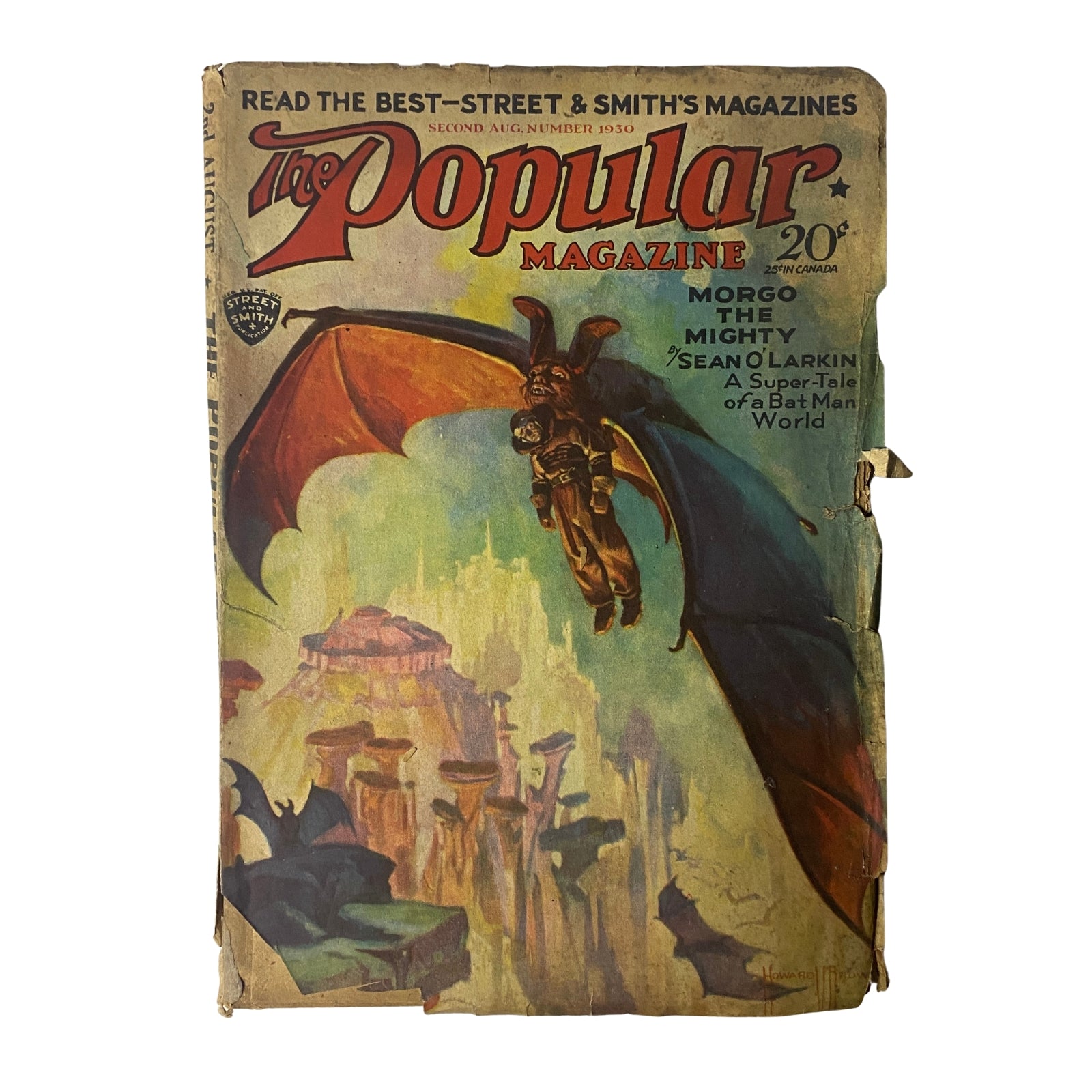 Cover of The Popular Magazine, August 2, 1930, featuring 'Morgo the Mighty' by Sean O'Larkin, showcasing a fantastical scene with a character soaring through the skies.