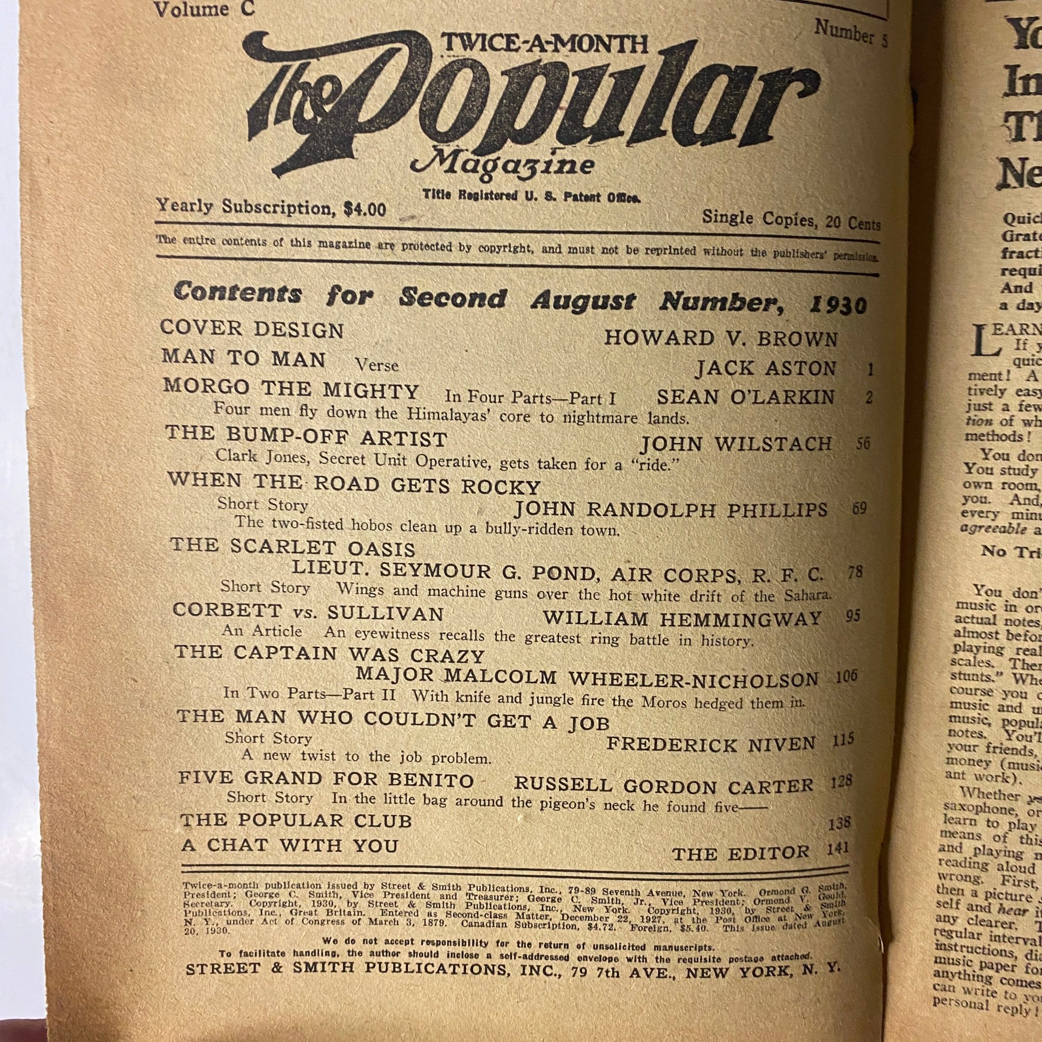 Table of contents from The Popular Magazine August 2, 1930, listing featured stories and articles including 'Morgo The Mighty'.