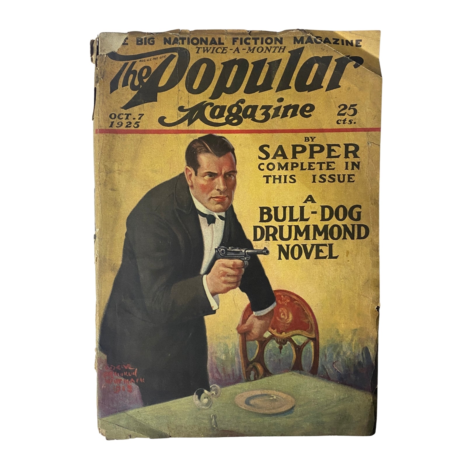 The Popular Magazine October 7, 1925 featuring 'The Nameless Terror' by Sapper, showcasing a dramatic cover illustration with a man aiming a pistol, representing adventure and mystery in pulp fiction.