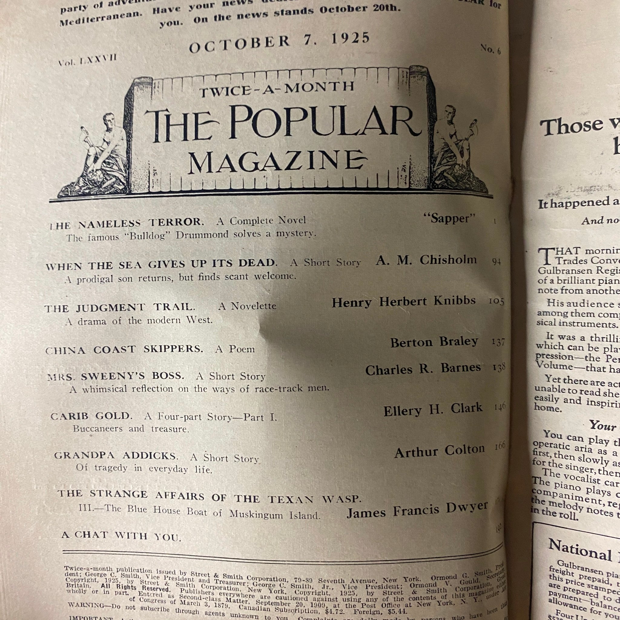 Inside page from The Popular Magazine October 7, 1925, listing contents including 'The Nameless Terror' and other stories, reflecting the classic format of interwar pulp magazines.