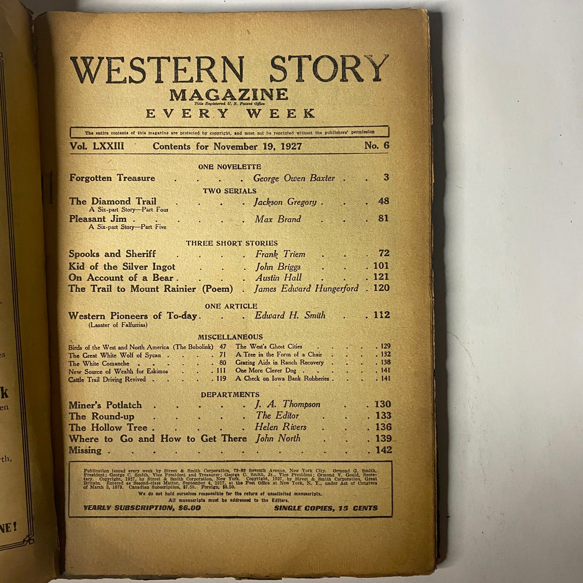 Table of Contents from Western Story Magazine, November 19, 1927, detailing the articles and stories including 'Forgotten Treasure' and works by various authors.