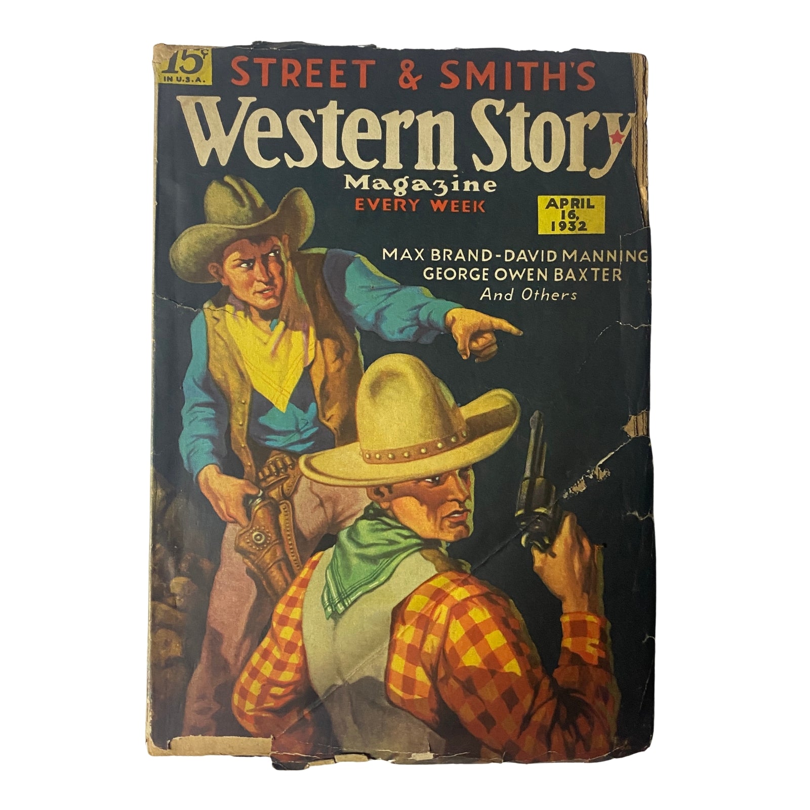 Cover of Western Story Magazine, April 16, 1932, featuring the title 'Red Rock's Secret' by Max Brand, showcasing two cowboys in a western scene.