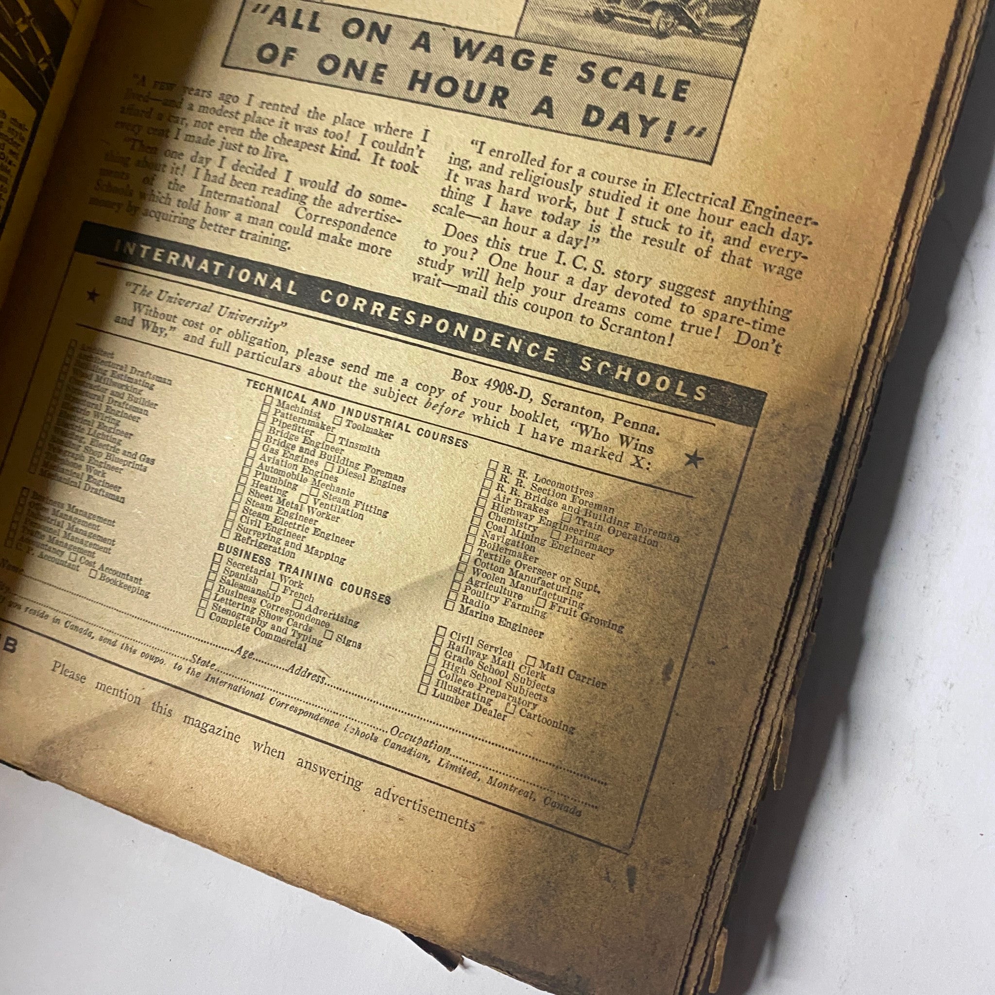 Another interior page from Western Story Magazine, April 16, 1932, featuring advertisements and information about courses from International Correspondence Schools.