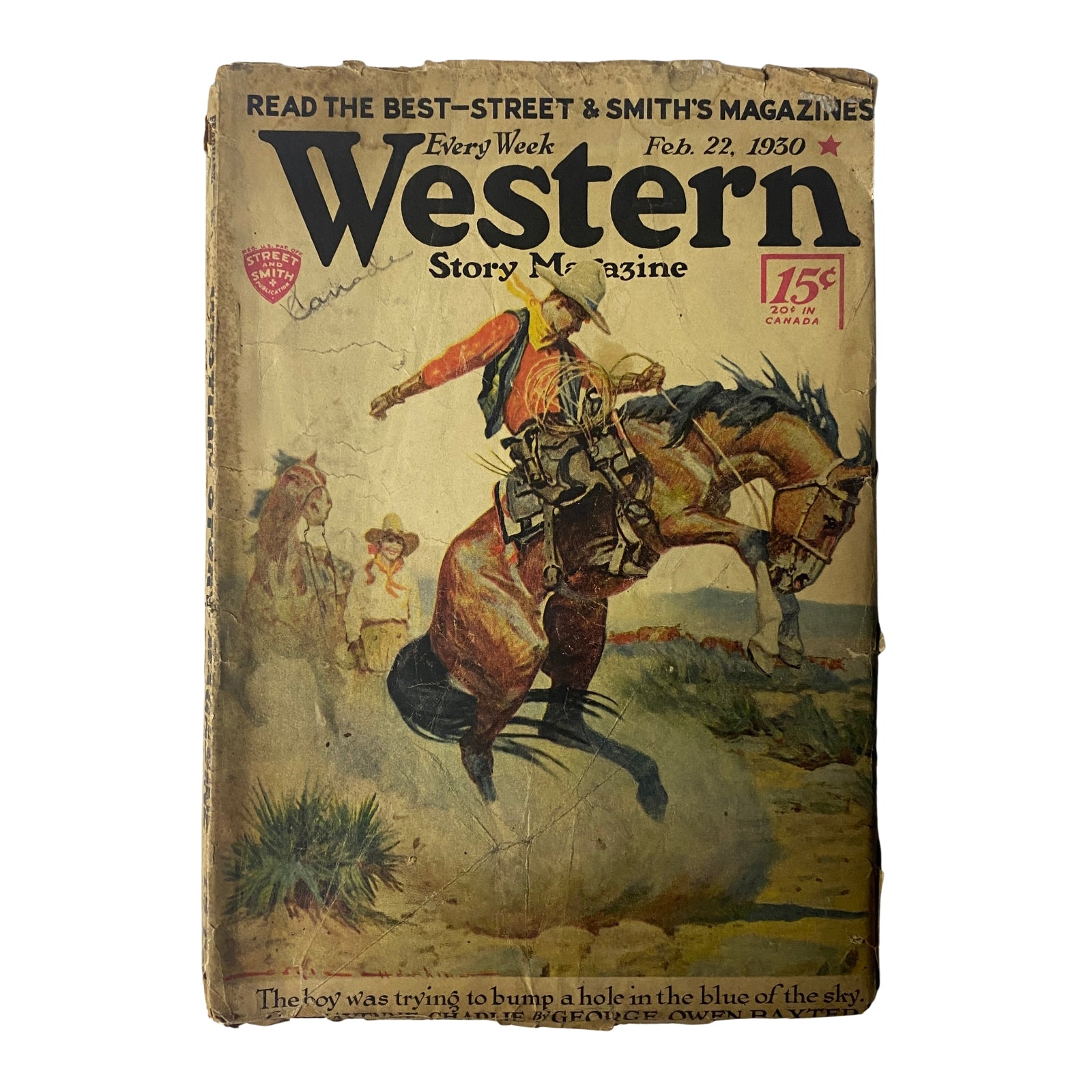 Western Story Magazine February 22, 1930 cover featuring a cowboy riding a bucking horse, reflecting the adventurous spirit of vintage pulp Westerns.