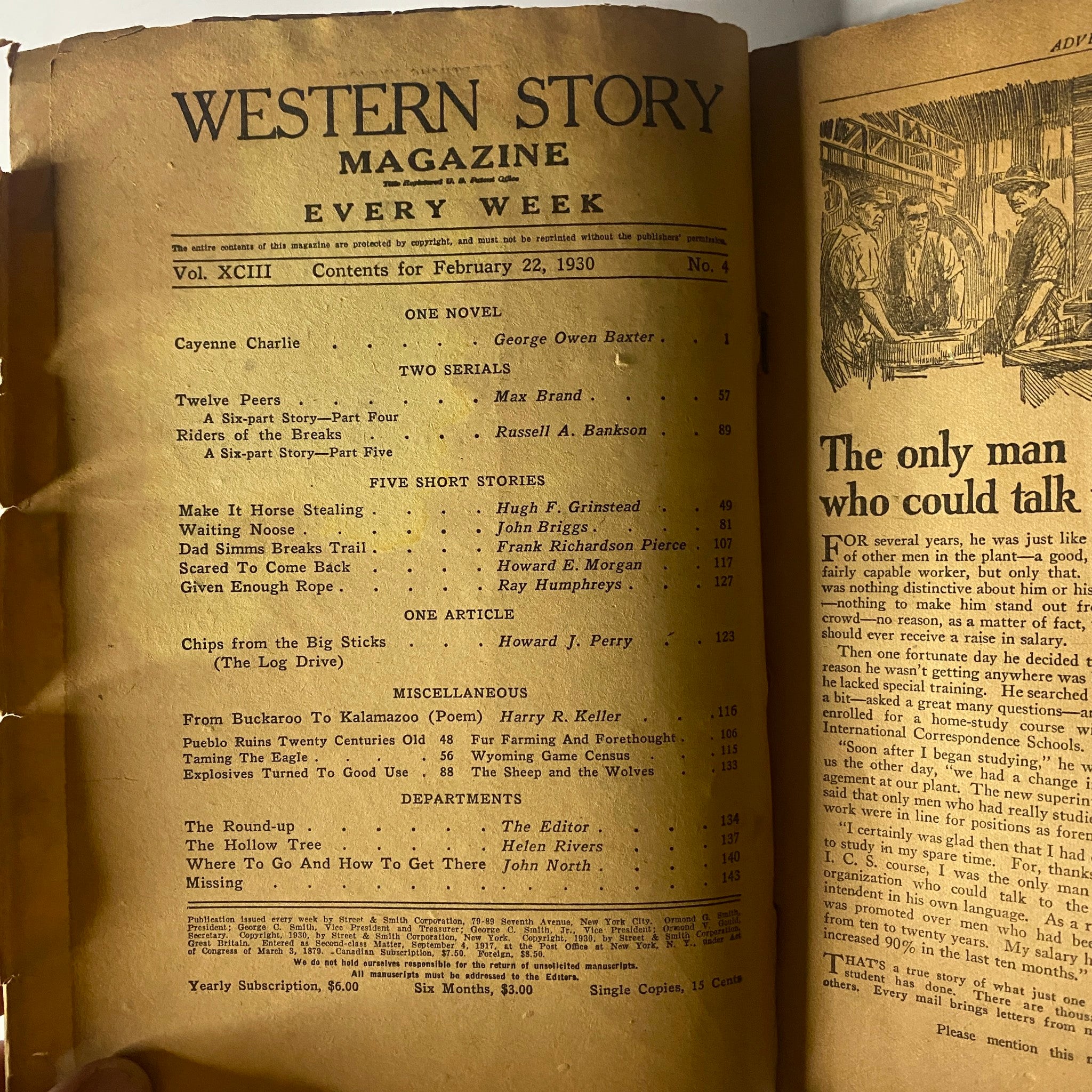 Table of contents from Western Story Magazine February 22, 1930, listing the featured novel 'Cayenne Charlie' and other stories, highlighting the rich literary offerings of the publication.