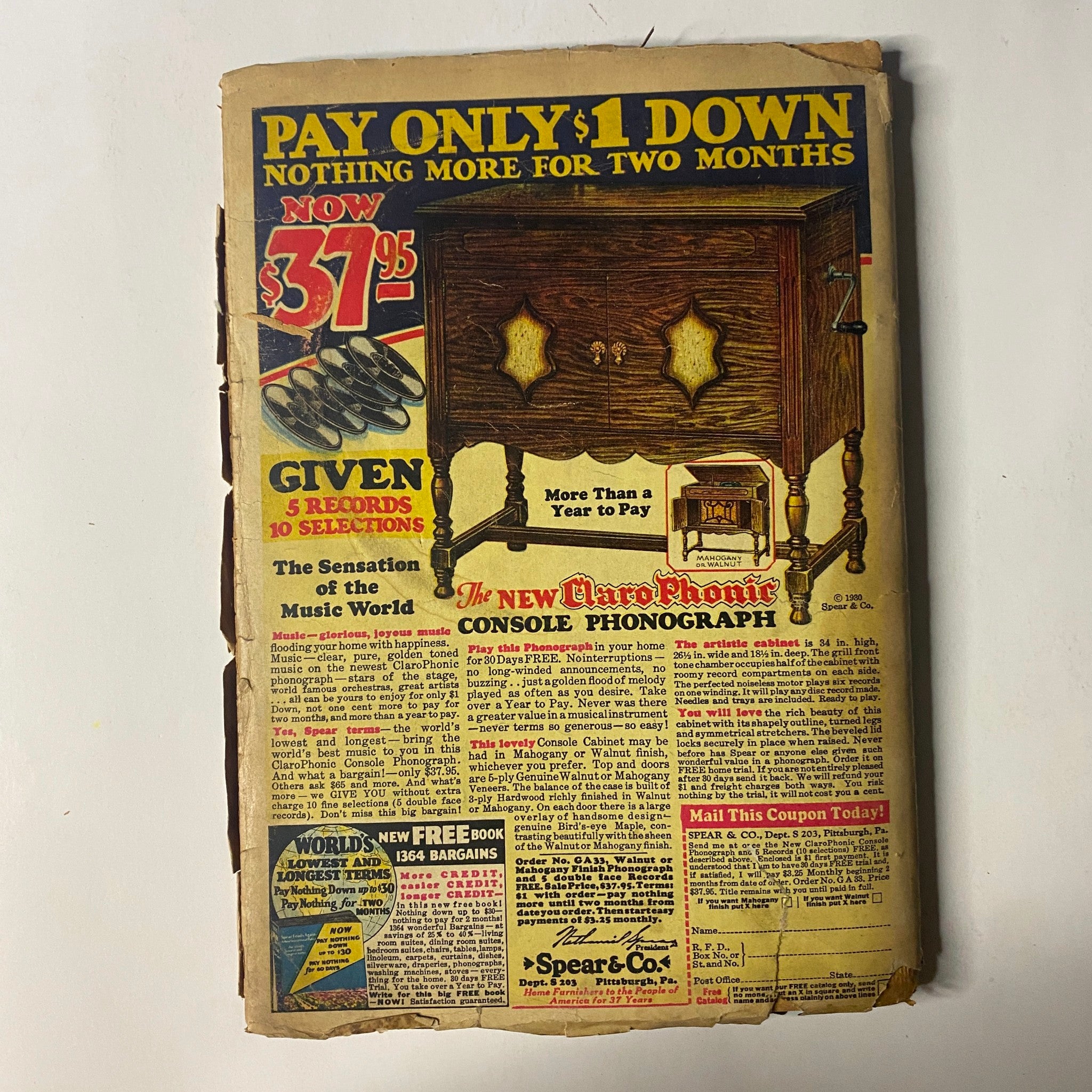 Western Story Magazine February 22, 1930, featuring an advertisement for a phonograph. The ad highlights a special offer with a price of $37.95 and the promotion 'Pay Only $1 Down Nothing More for Two Months'. A vintage visual showcasing the retro aesthetic of advertising from the era.