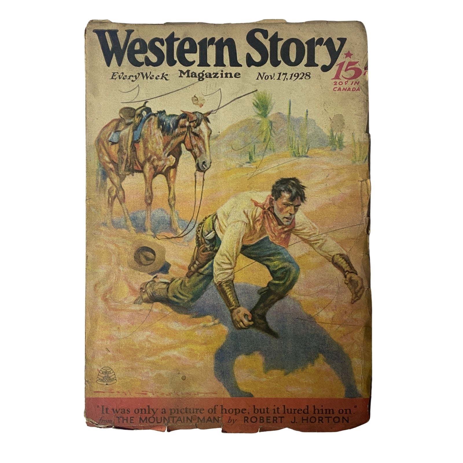Cover of Western Story Magazine, November 17, 1928, featuring an illustration of a rugged cowboy on the ground and a horse in the background, promoting the full-length novel 'The Mountain Man' by Robert J. Horton.