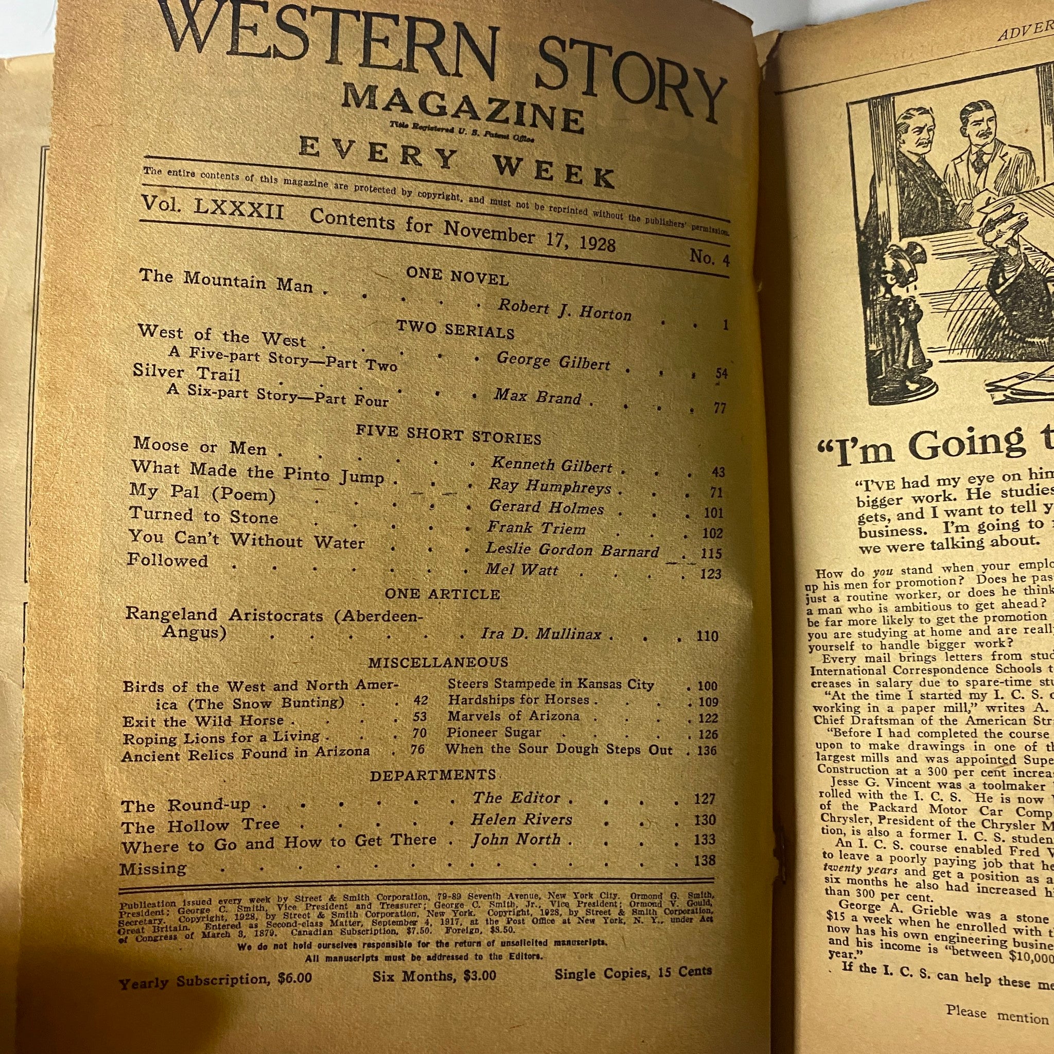 Interior page of Western Story Magazine, November 17, 1928, displaying the table of contents with titles including 'The Mountain Man' by Robert J. Horton and other serialized stories.