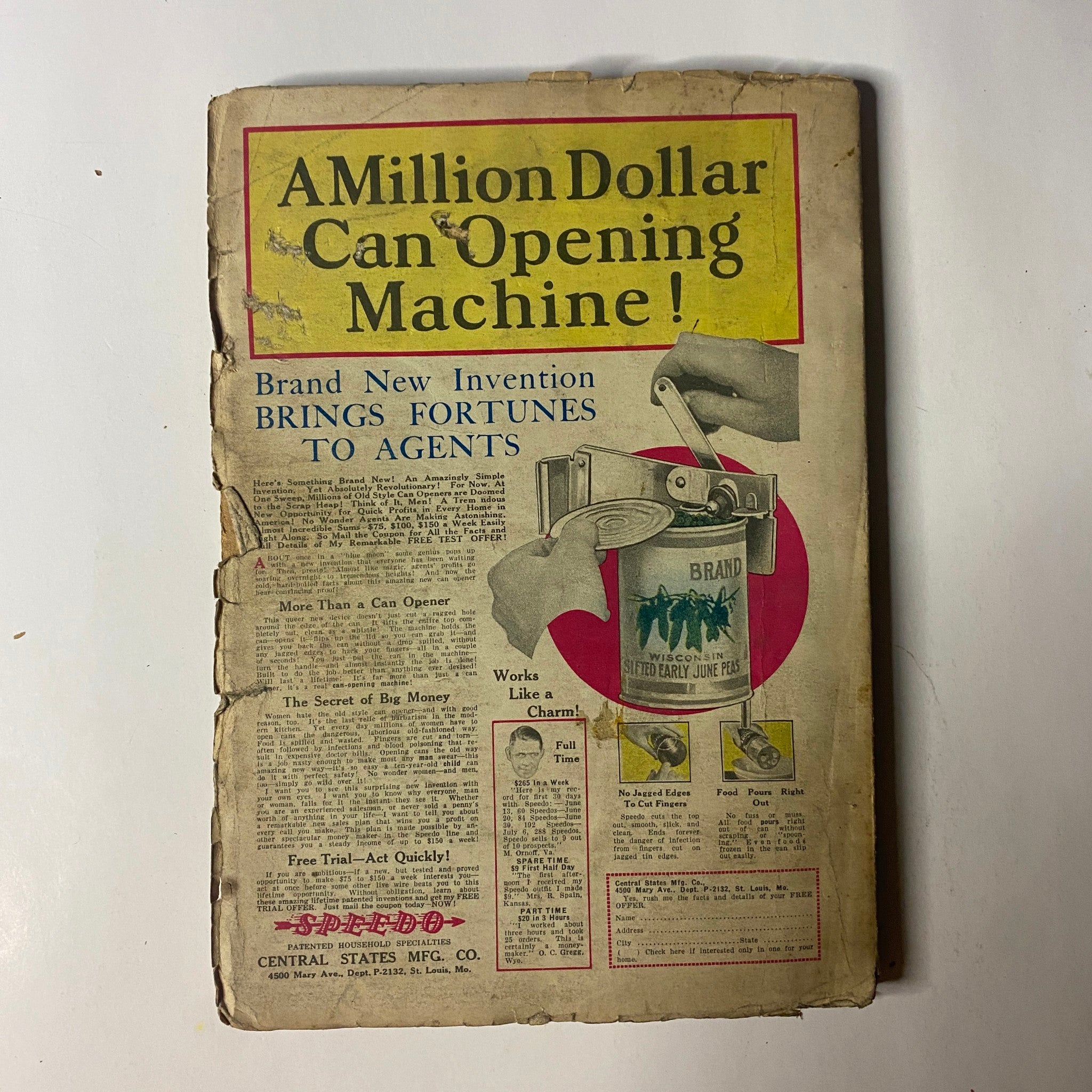 Back cover of Western Story Magazine, November 17, 1928, featuring an advertisement for a new can-opening machine, showcasing vintage promotional design reflective of the era.