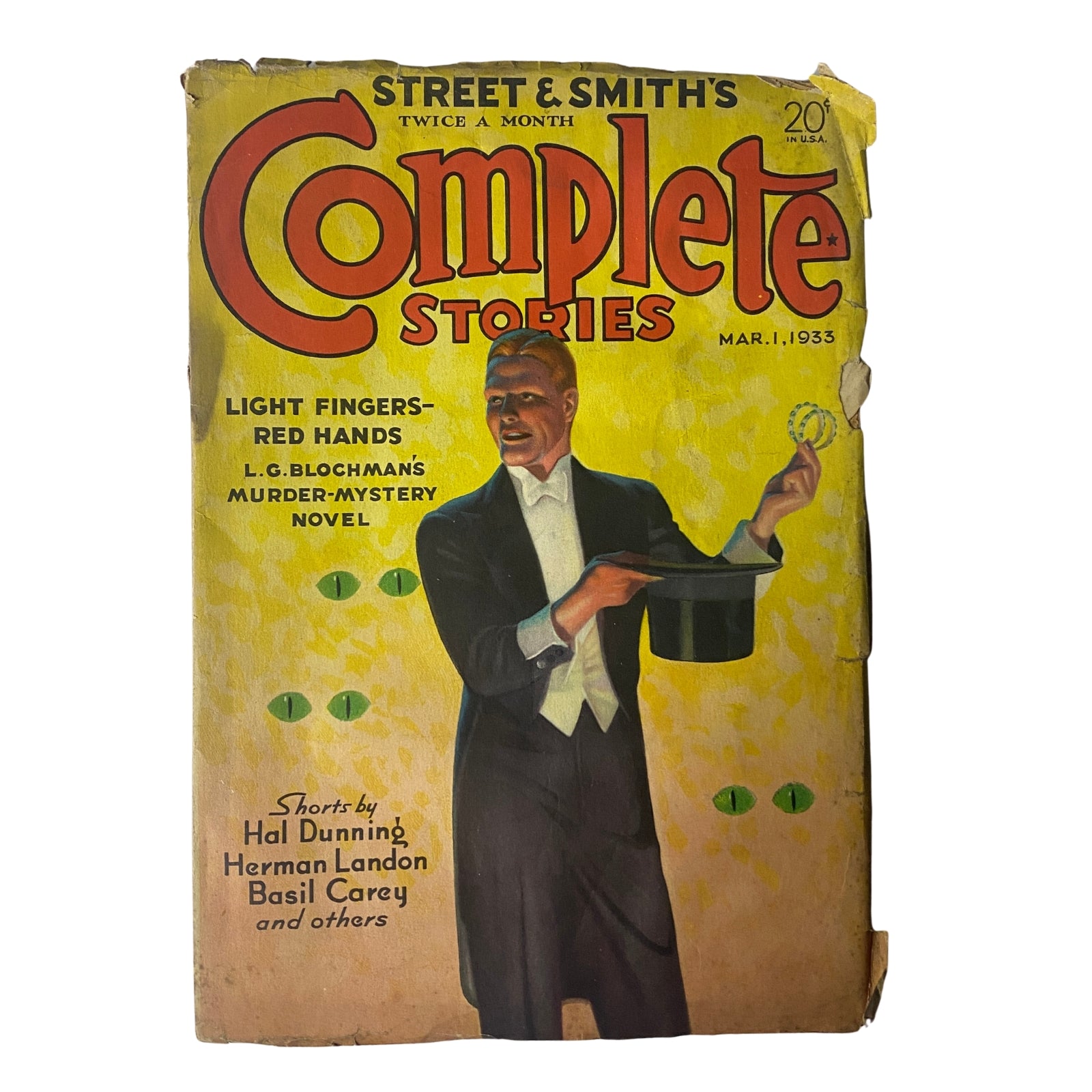 Complete Stories Magazine March 1, 1933 featuring 'Light Fingers—Red Hands,' a murder-mystery novel by L. G. Blochman. The vibrant cover illustrates a magician holding a top hat, highlighting the magazine's focus on suspenseful stories.