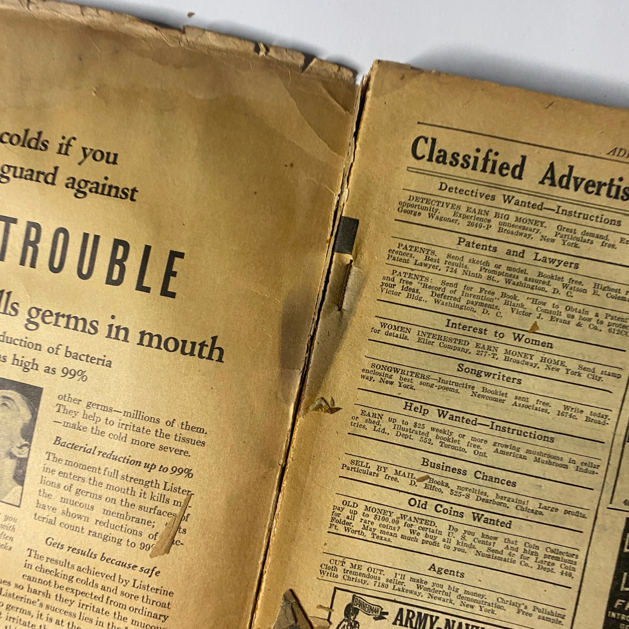 Inside view of Complete Stories Magazine March 1, 1933 featuring classified advertisements related to detective work and services. The page reflects the historical context of the era, appealing to collectors of vintage pulp literature.