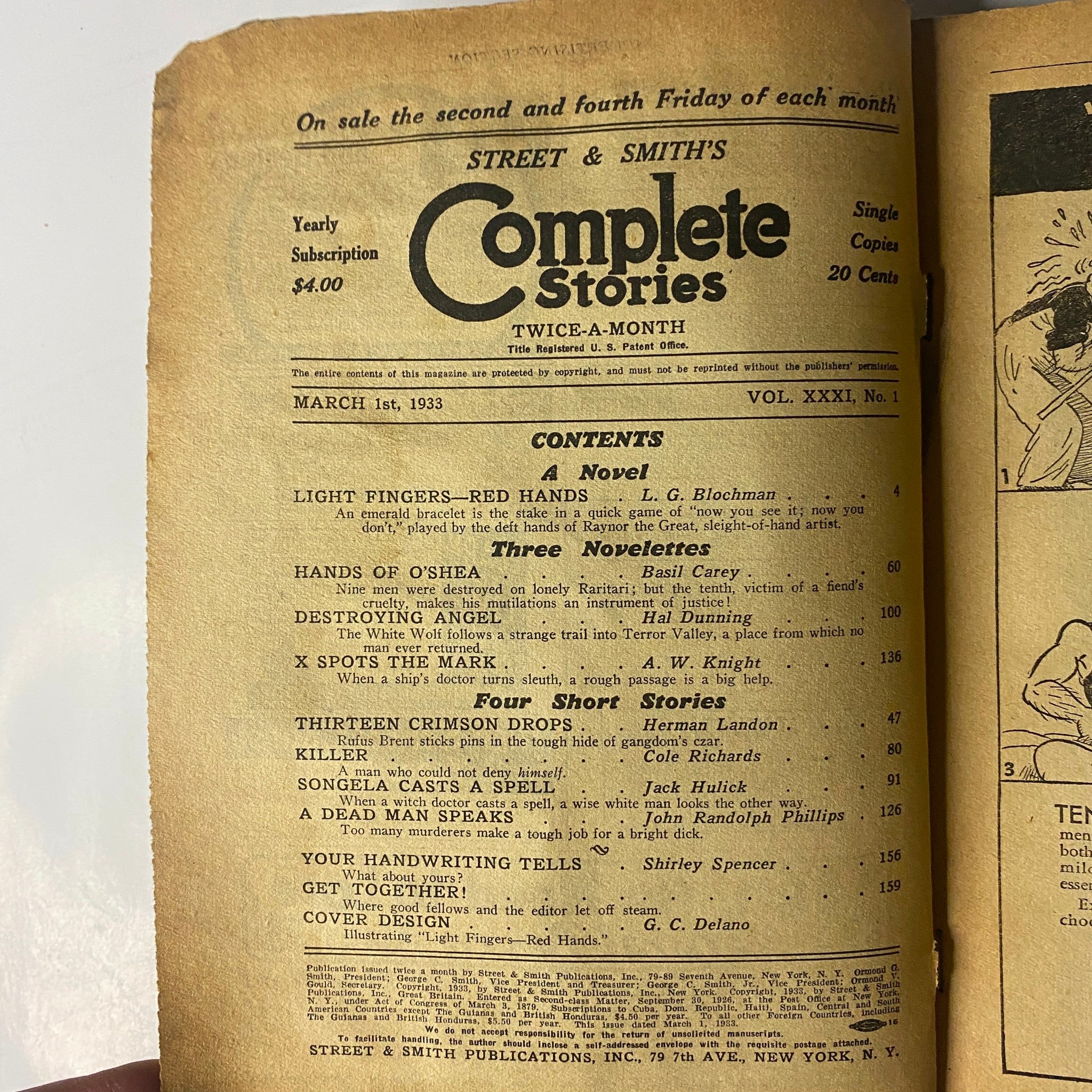 Inside page of Complete Stories Magazine from March 1, 1933 featuring contents list including the novel 'Light Fingers—Red Hands' by L. G. Blochman and various short stories and novelettes.