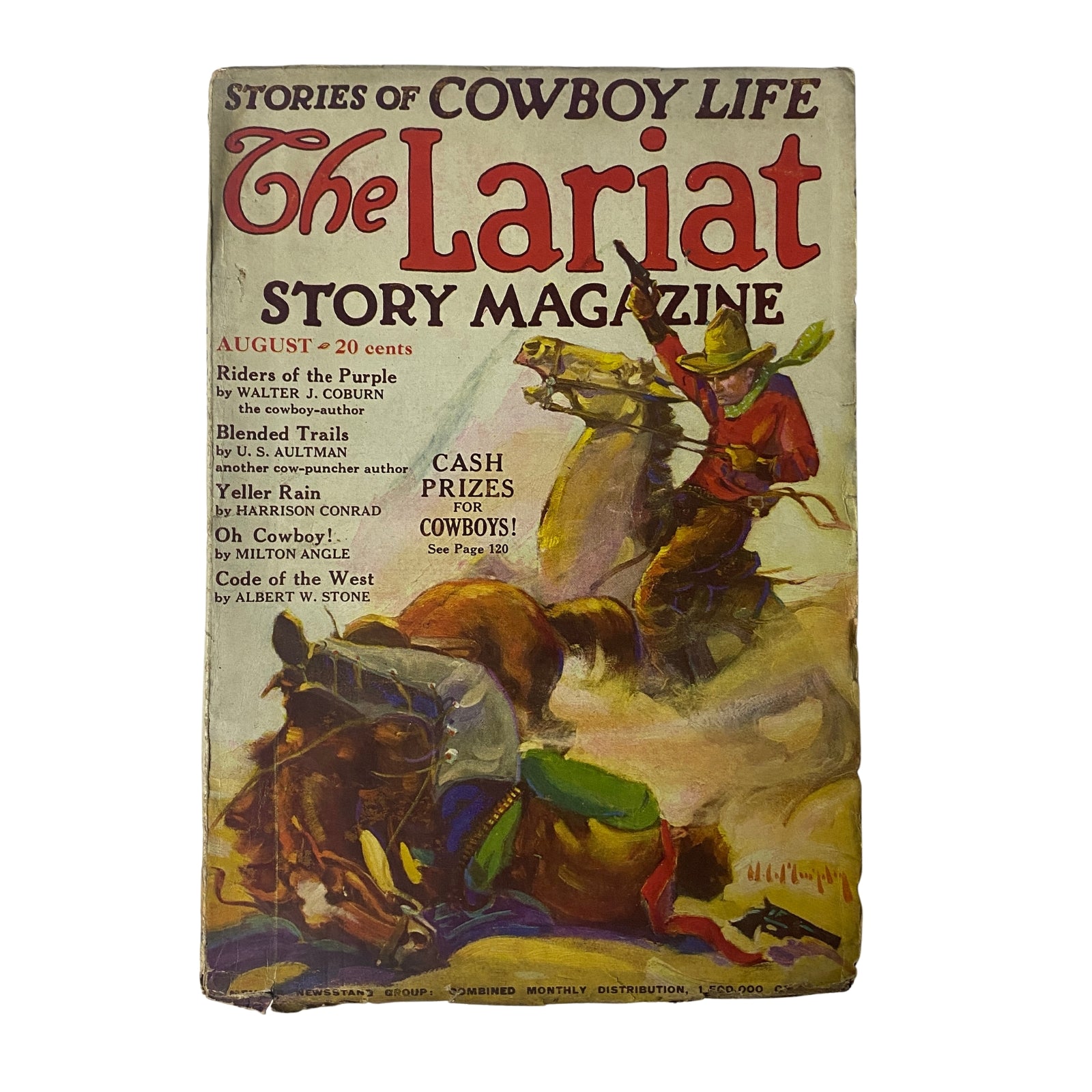 Cover of The Lariat Story Magazine August 1925 featuring cowboy themes and cash prizes for bronc riders, showcasing vintage Western artwork.