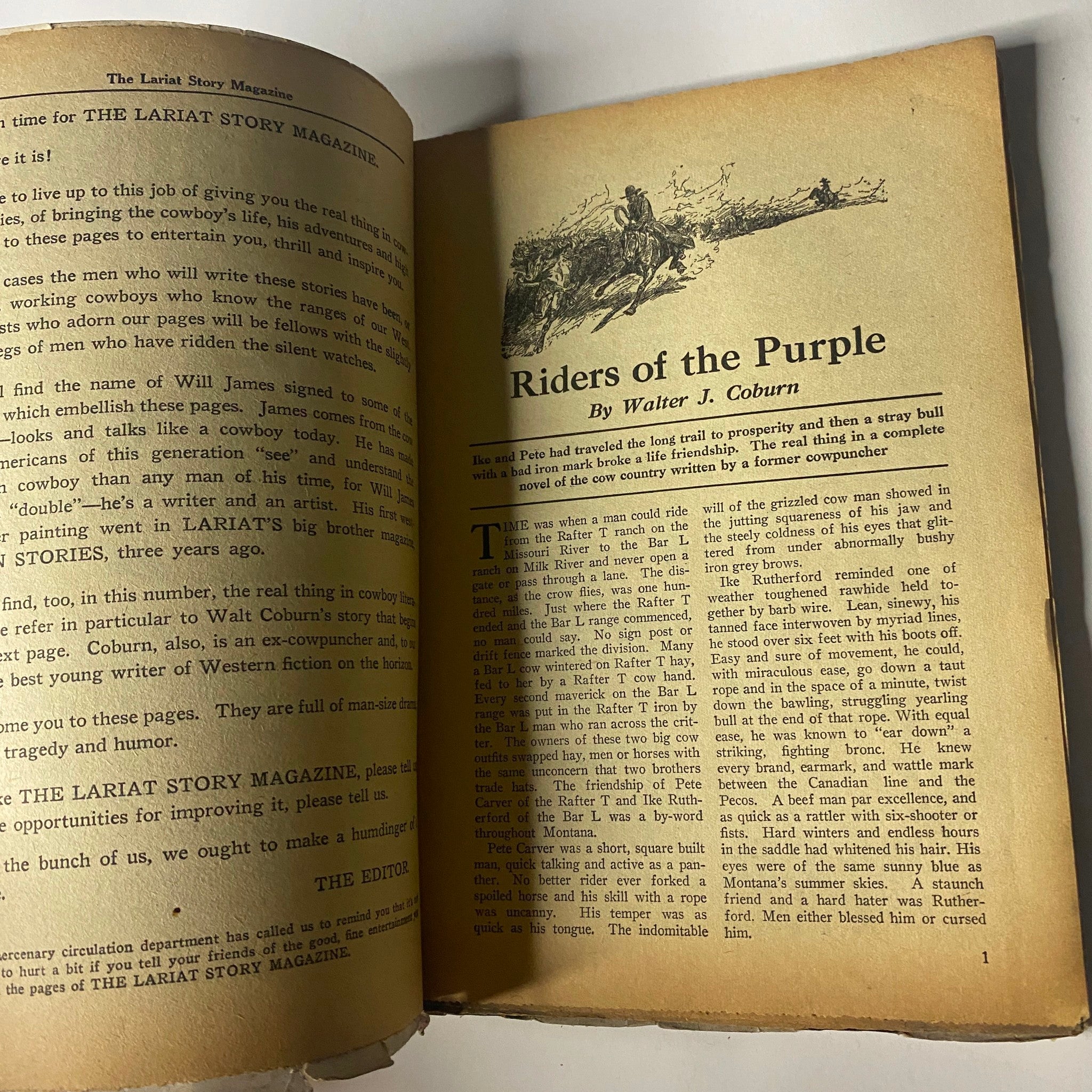 Inside page of The Lariat Story Magazine August 1925 displaying the beginning of the story 'Riders of the Purple' by Walter J. Coburn, showcasing early 20th-century Western literature.