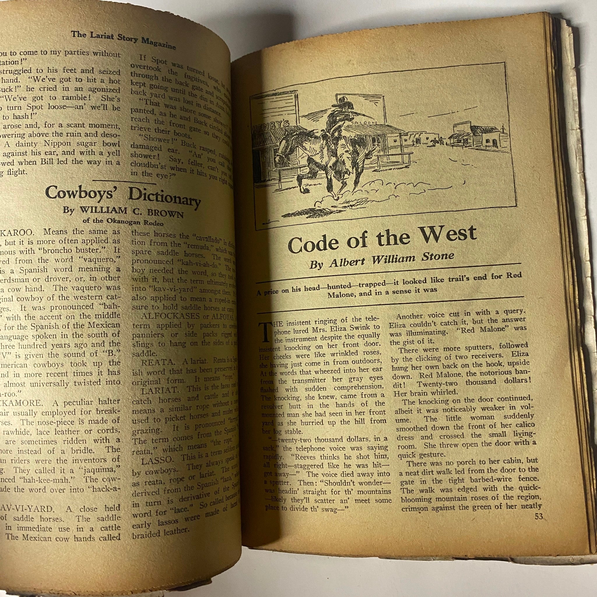 Inside page from The Lariat Story Magazine August 1925, featuring articles including 'Cowboy's Dictionary' and 'Code of the West' by Albert William Stone, showcasing the essence of Western fiction.