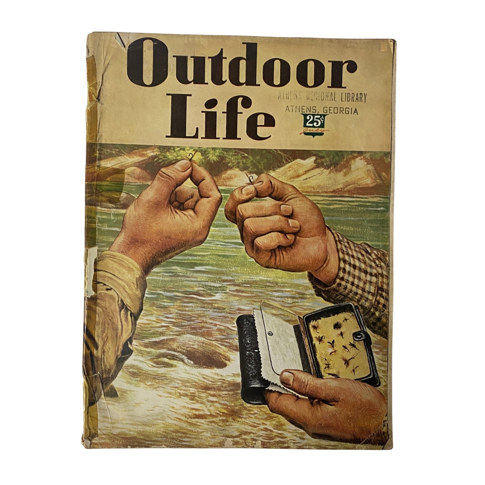 Cover of Outdoor Life Magazine, July 1947 edition featuring an illustration of hands fishing, with a strong focus on angling culture and outdoor adventure.
