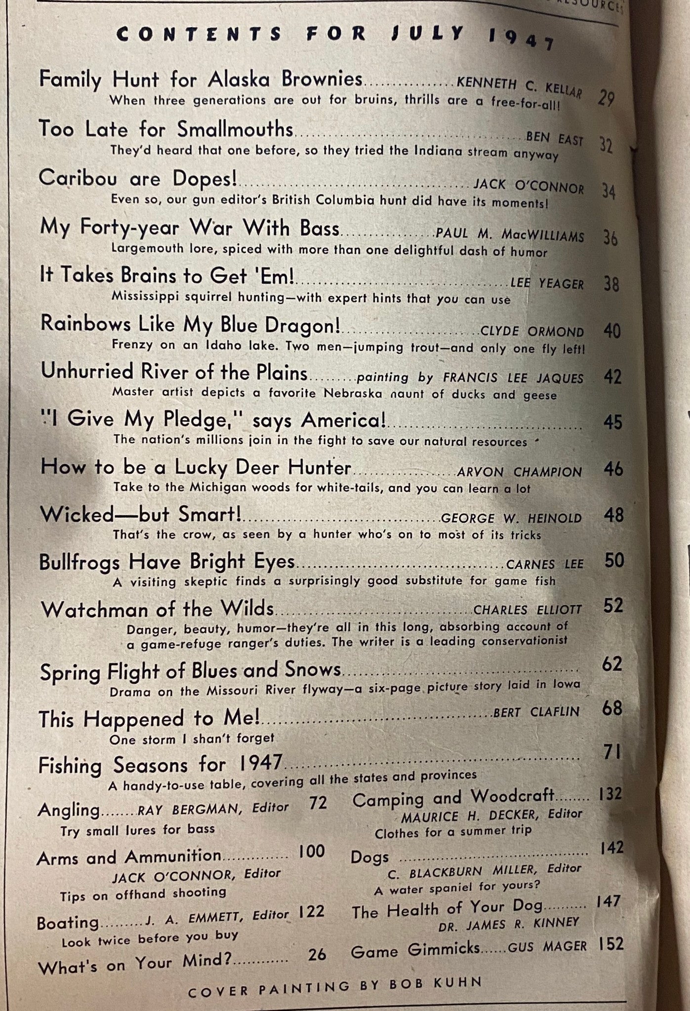 Contents page of Outdoor Life Magazine July 1947 featuring articles including 'Family Hunt for Alaska Brownies' by Kenneth C. Kellar and various fishing and hunting topics.