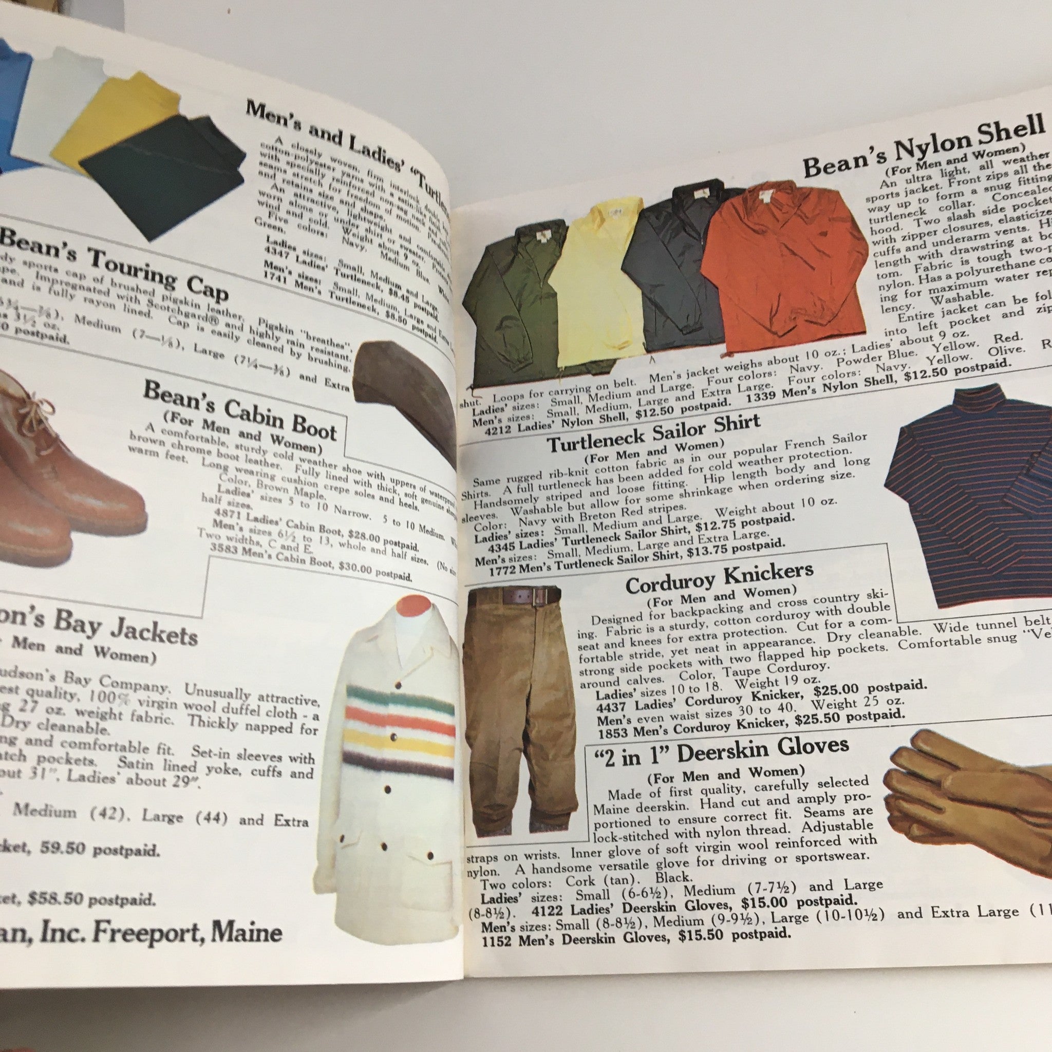 Inside page of the 1975 Fall L.L. Bean Retail Company, Inc. Price Guide Catalog showcasing a variety of outdoor apparel including shirts, boots, and jackets with detailed descriptions and pricing.
