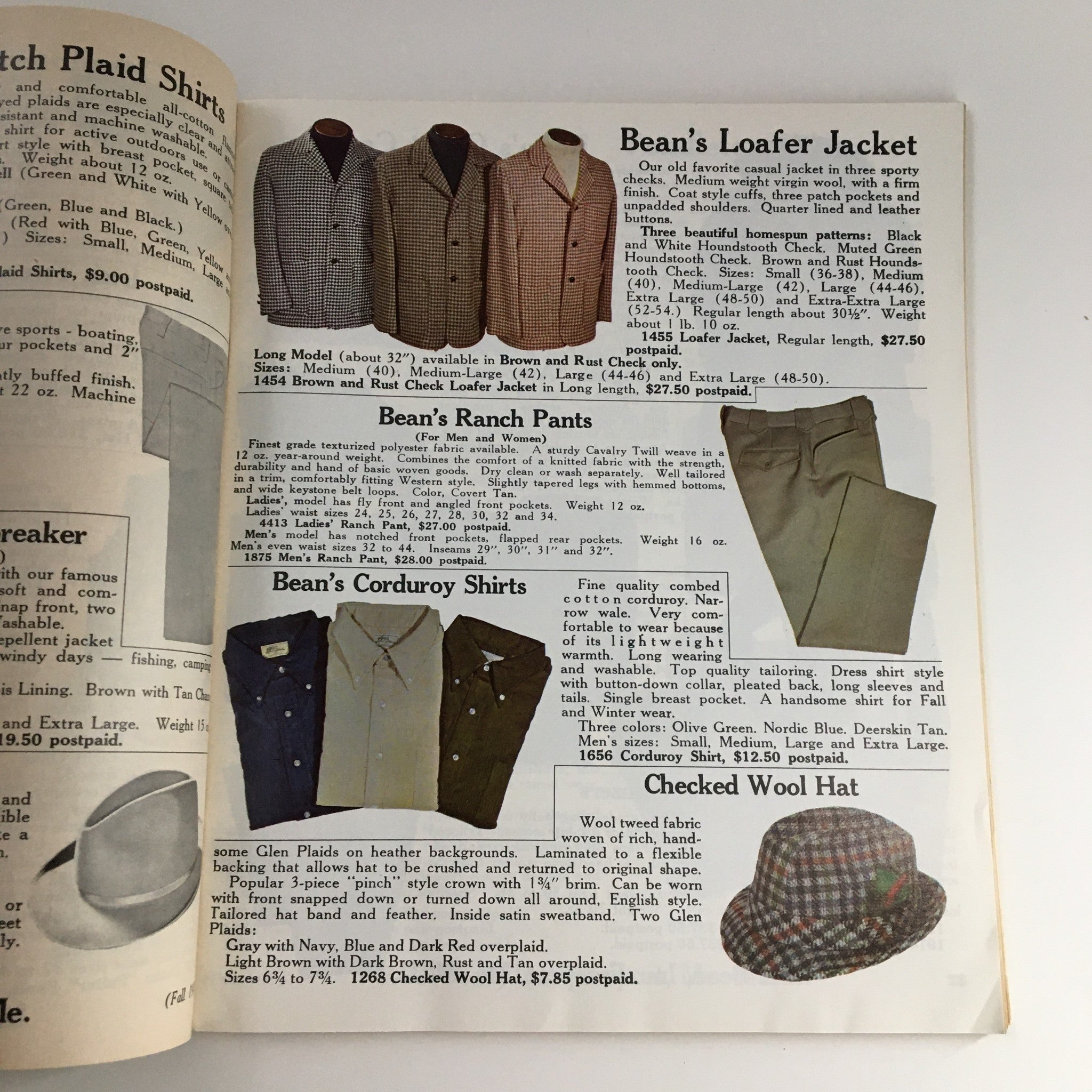 Another inside spread from the 1975 Fall L.L. Bean Retail Company, Inc. Price Guide Catalog displaying stylish jackets, pants, and shirts alongside their specifications and prices.