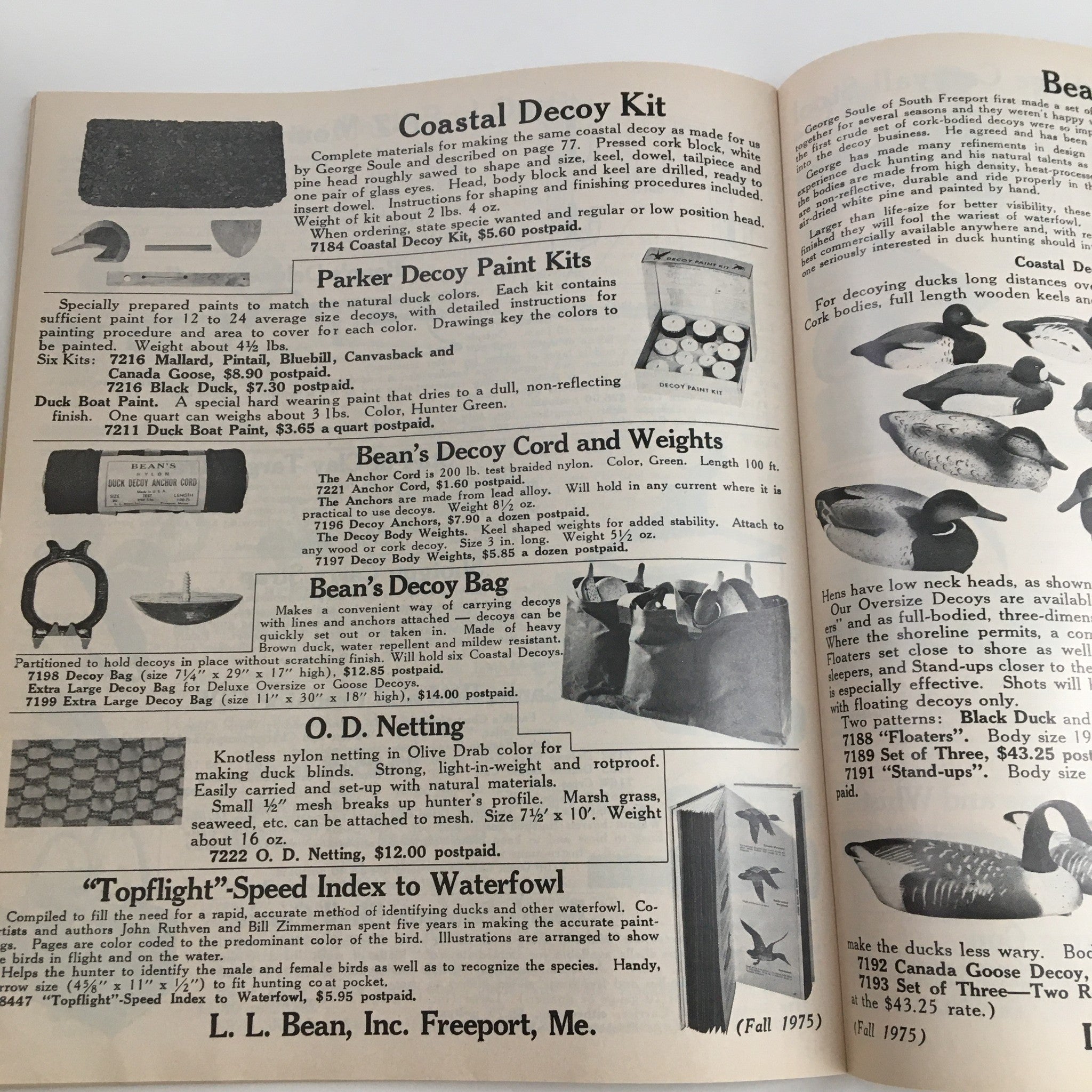 Final inside page of the 1975 Fall L.L. Bean Retail Company, Inc. Price Guide Catalog highlighting various decoy kits and accessories for outdoor enthusiasts with illustrations and pricing information.