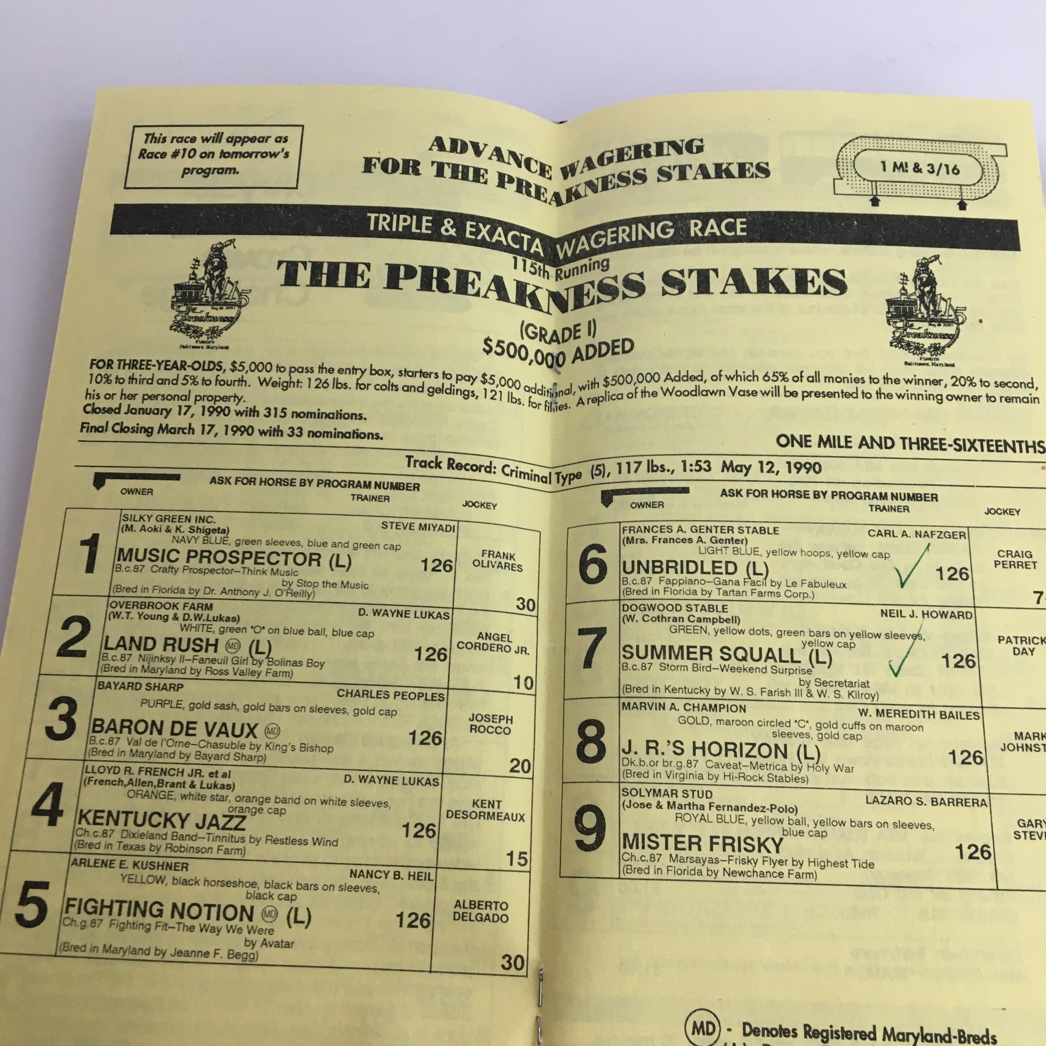 1989 Pimlico The Preakness Stakes Horse Race Program Selections