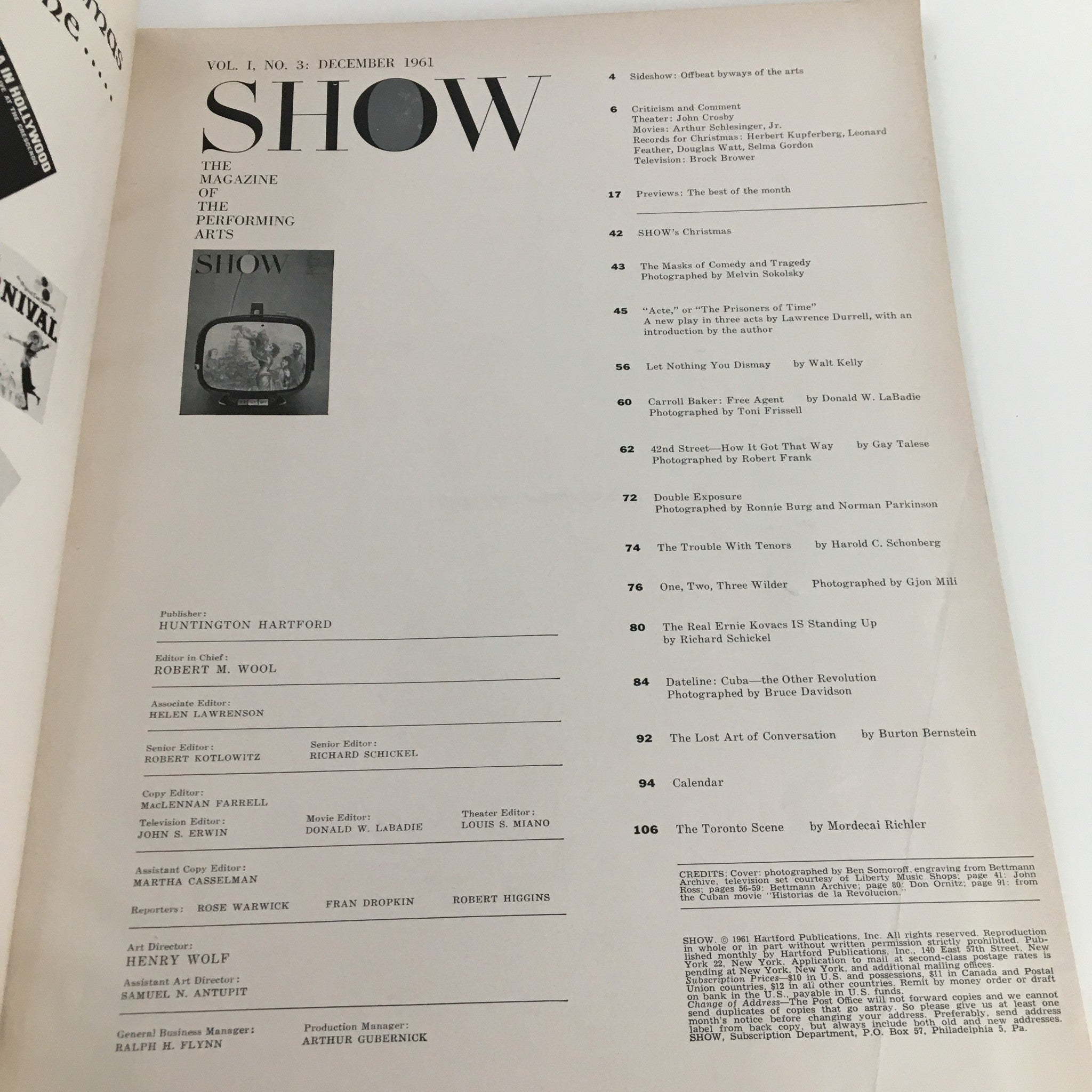 Show Magazine December 1961 Vol. 1 No. 3 The Mask of Comedy & Tragedy No Label