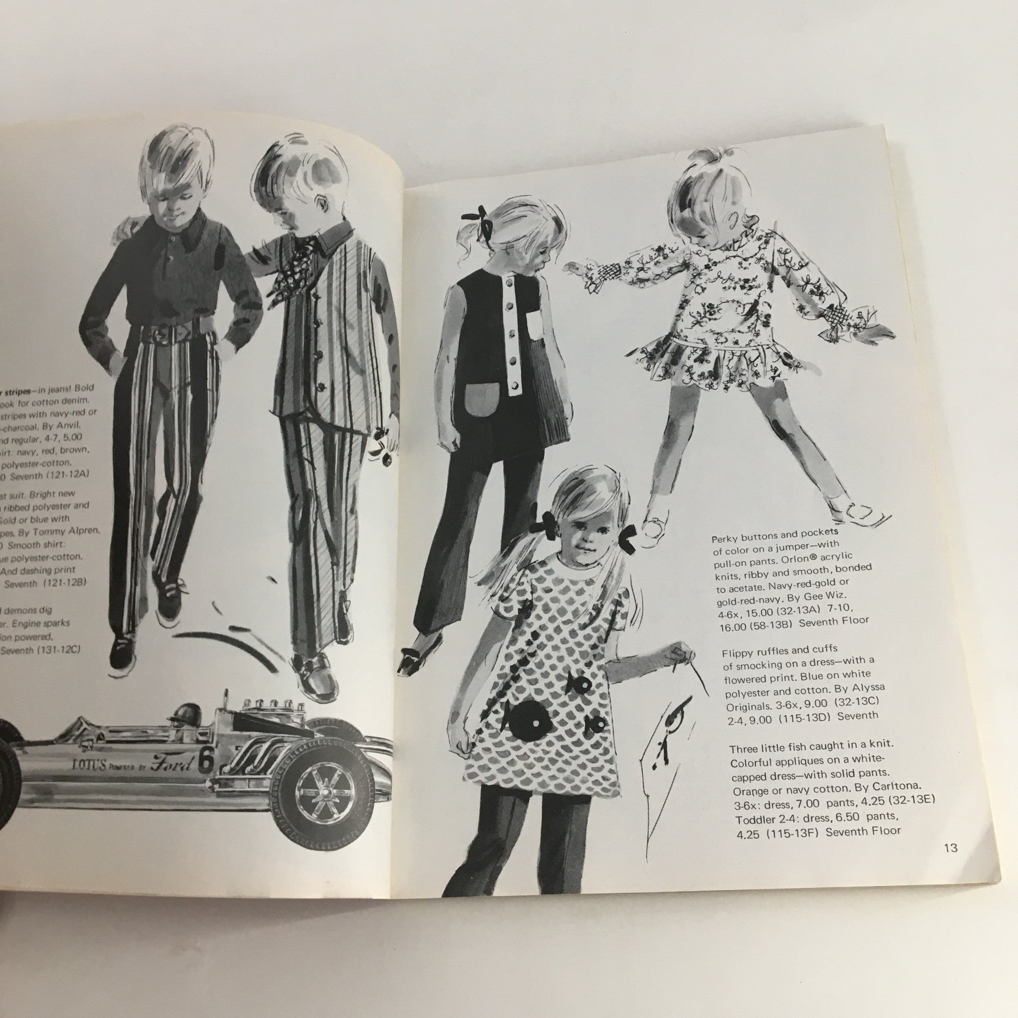 Children's fashion illustrations from the 1970 The Lord and Taylor Christmas Book, showcasing stylish holiday outfits.