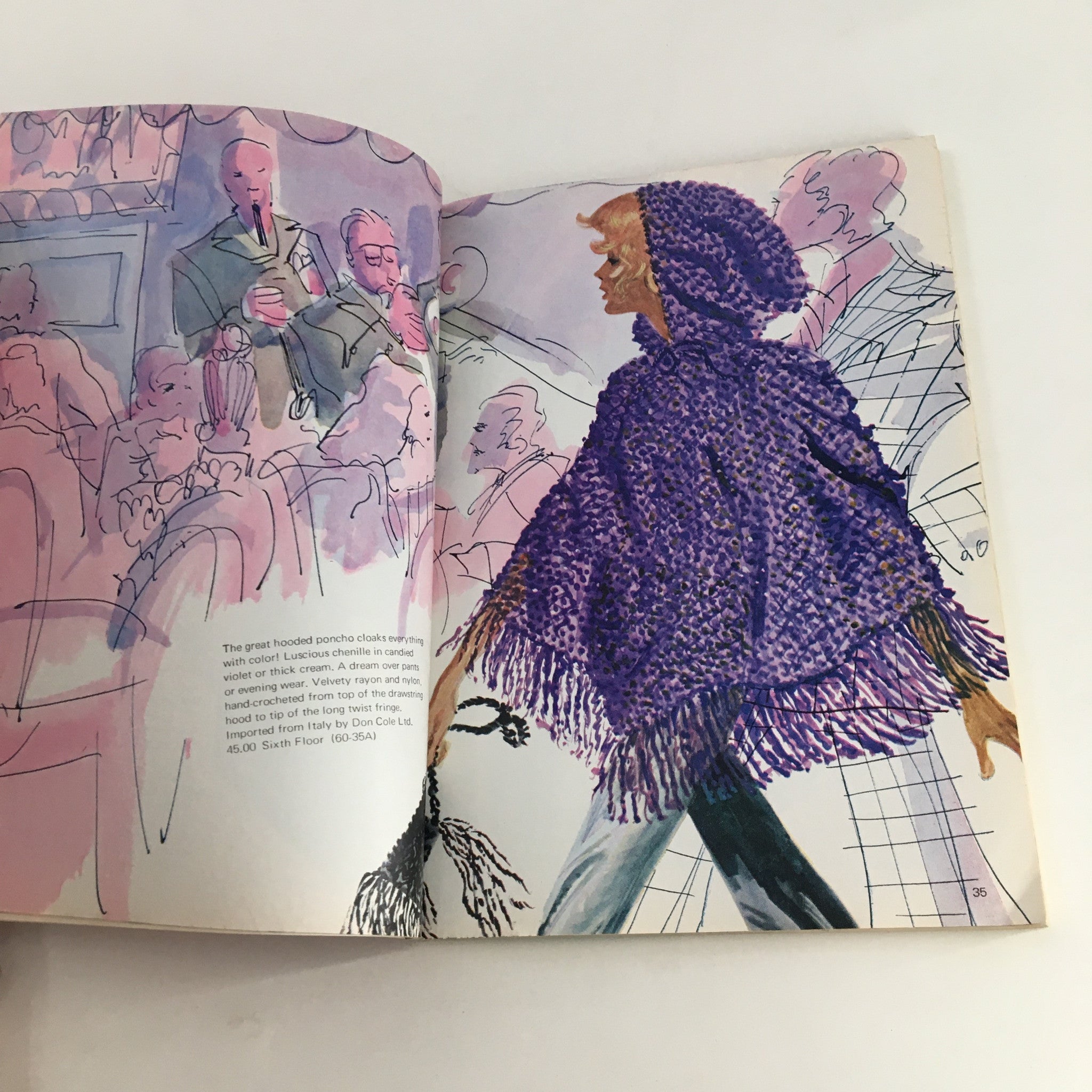 Illustration from 1970 The Lord and Taylor Christmas Book showcasing a fashionable model in a purple hooded poncho, surrounded by a festive crowd.