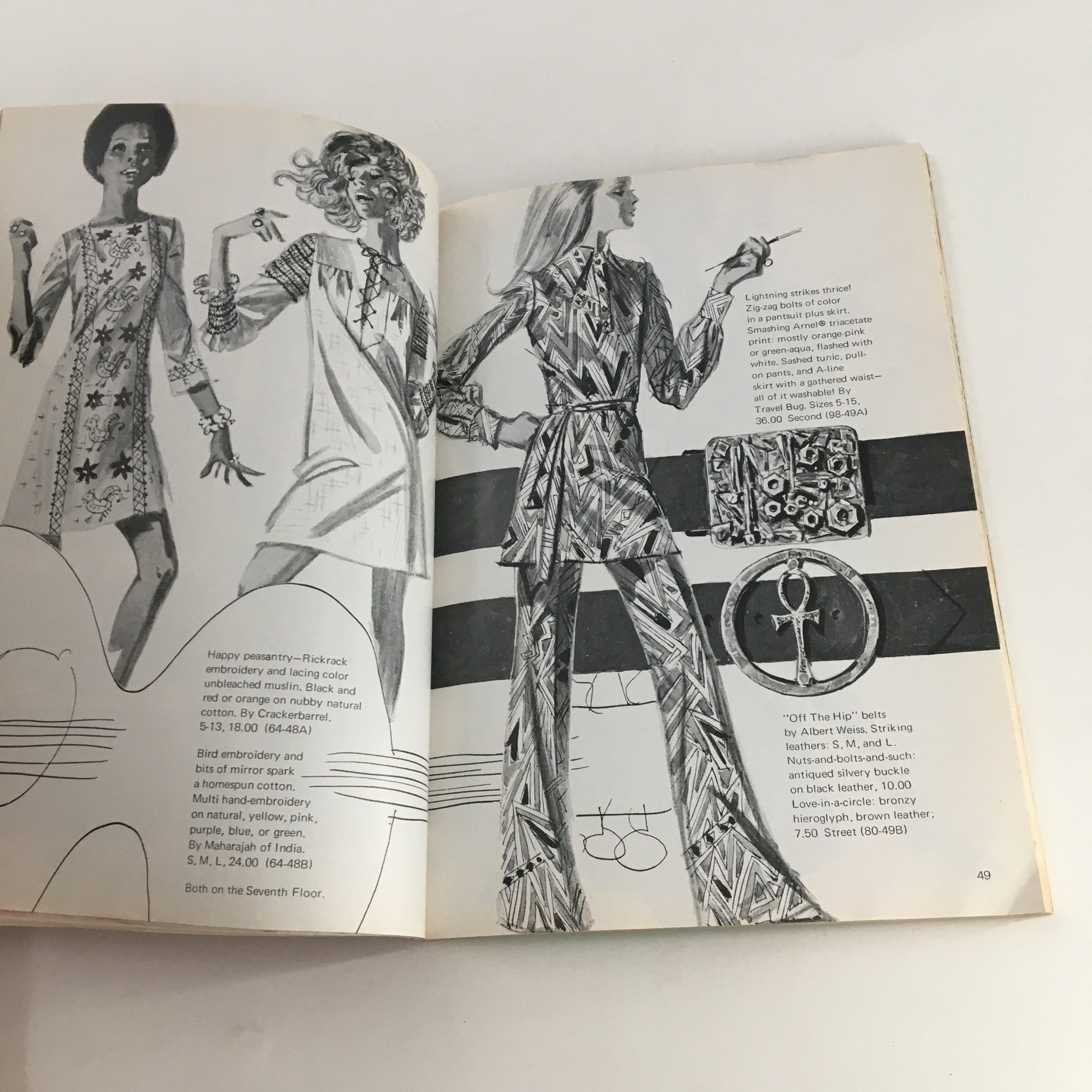 Black and white illustration from 1970 The Lord and Taylor Christmas Book featuring three stylish models in trendy dresses, highlighting 1970s fashion design.