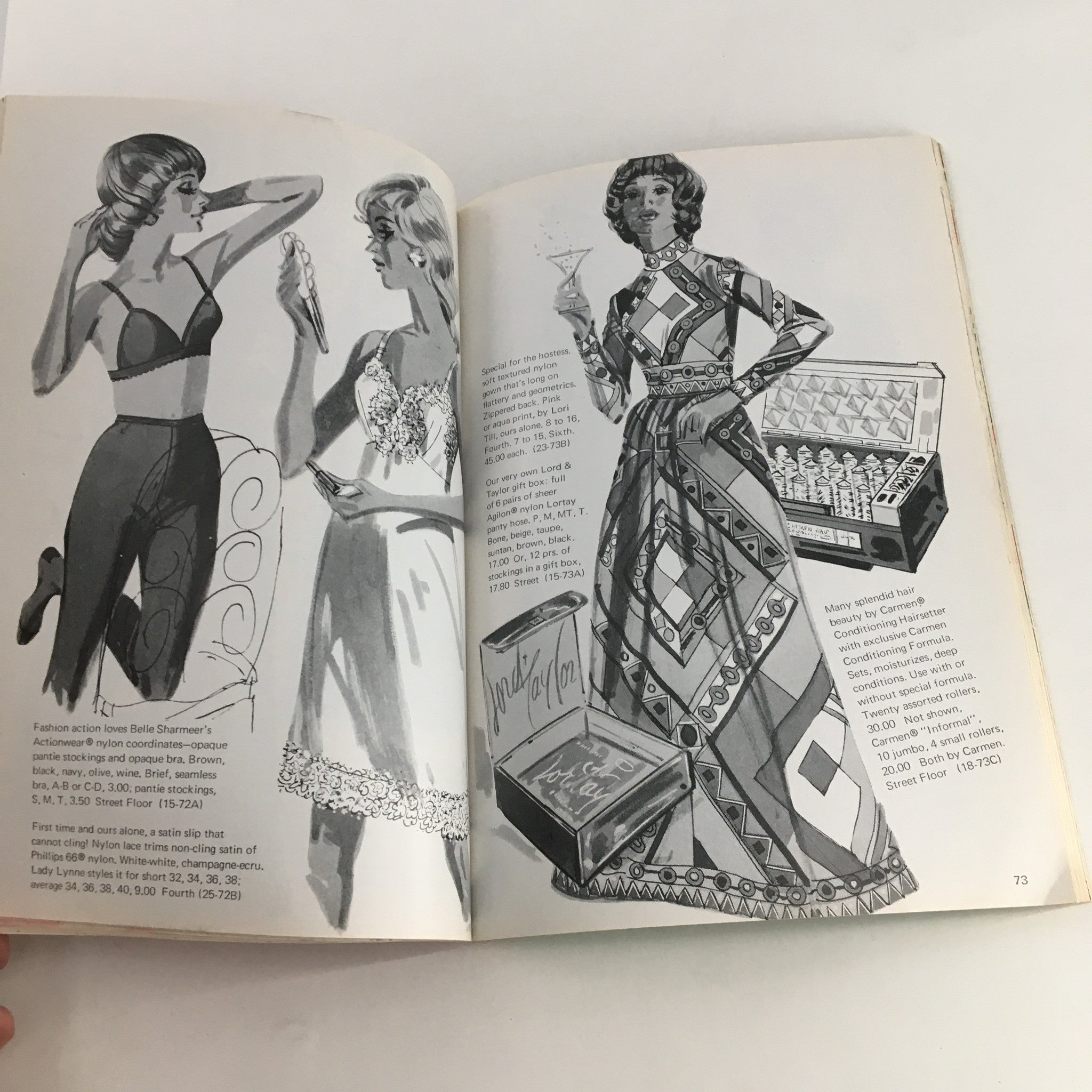 Illustration from 1970 The Lord and Taylor Christmas Book depicting models dressed in chic outfits, one holding a martini, representing the elegant style of the era.