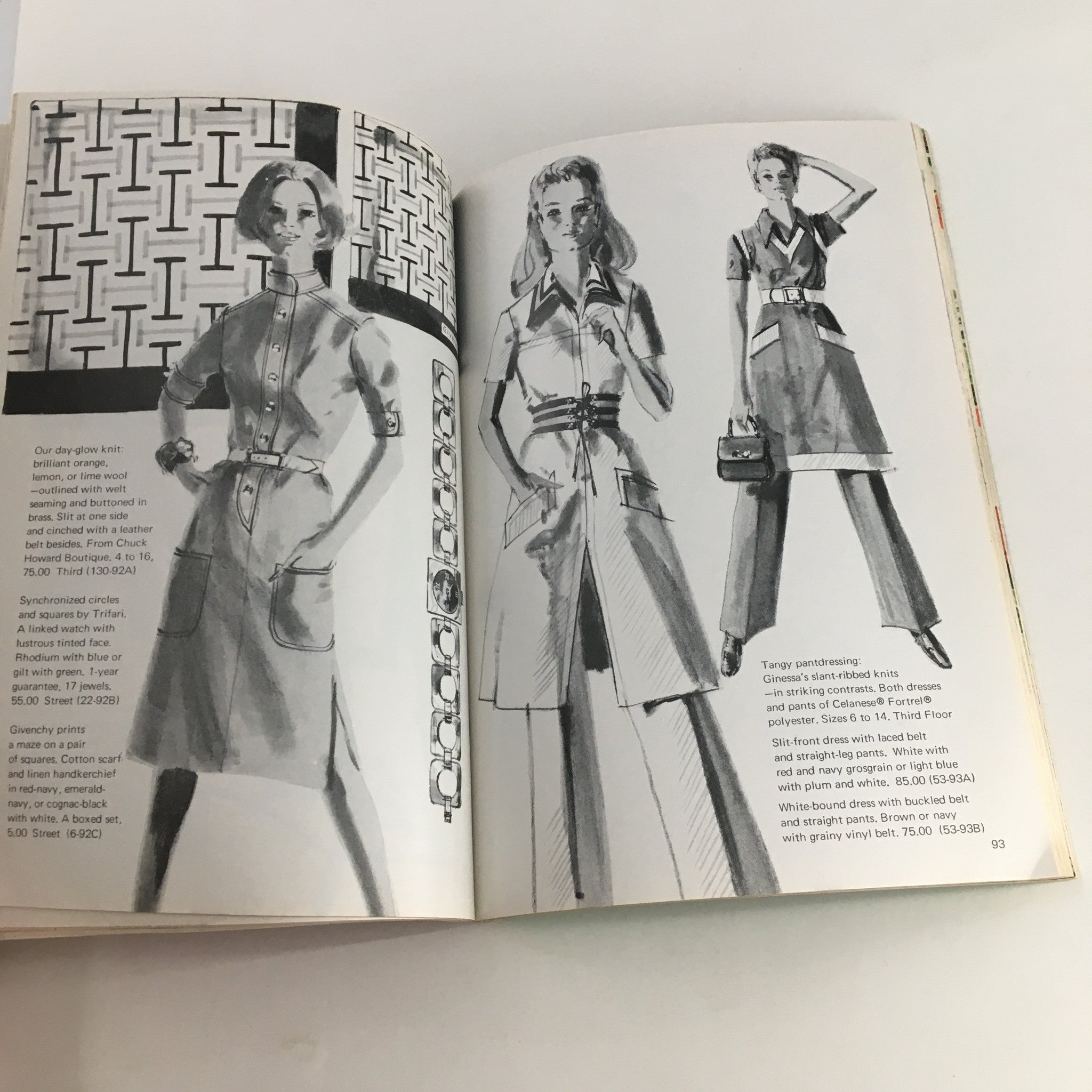 Vintage illustration from 1970 The Lord and Taylor Christmas Book featuring models in sophisticated attire, showcasing the fashion trends of the 1970s.