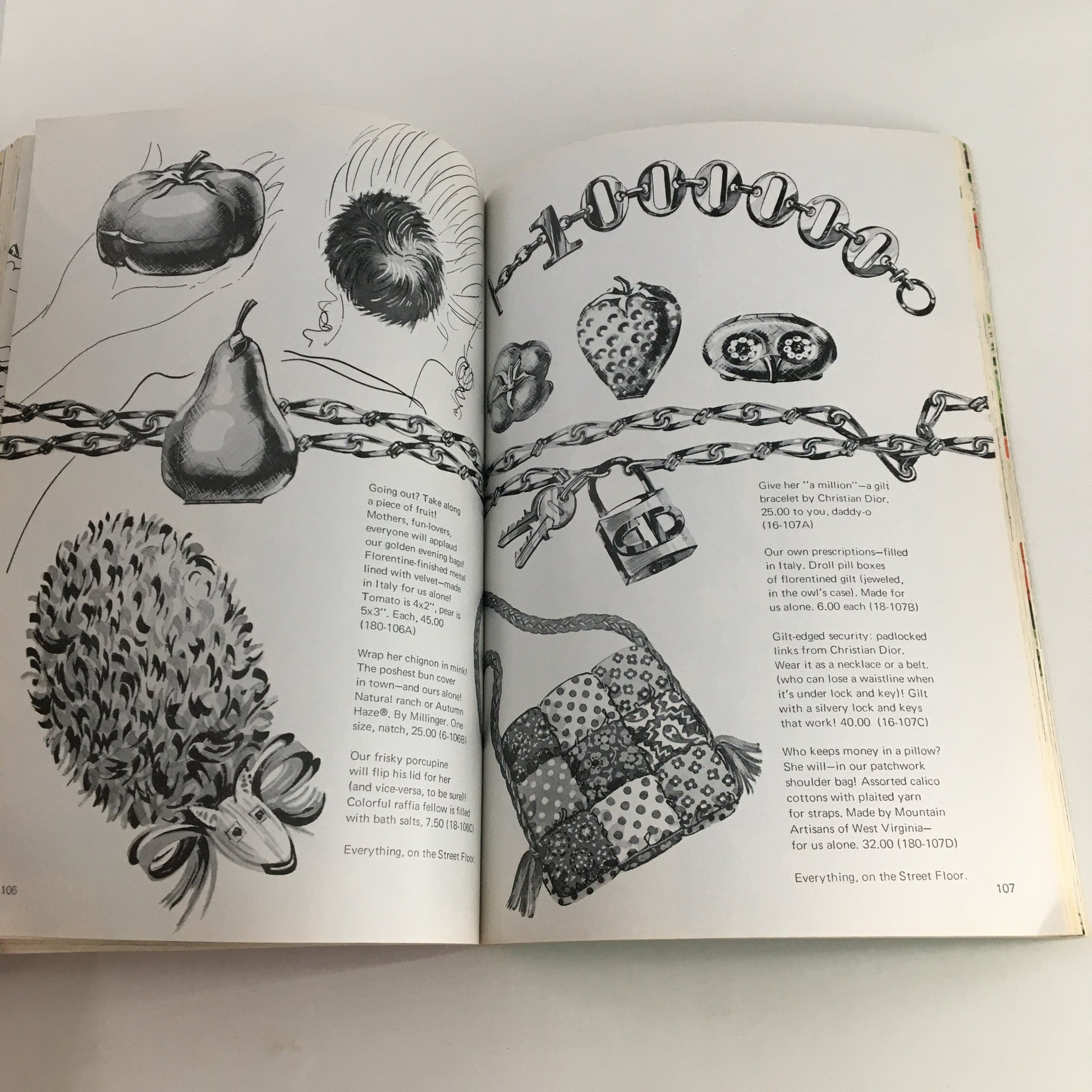 Detailed illustration from 1970 The Lord and Taylor Christmas Book displaying an array of vintage accessories including fruits and elegant jewelry.