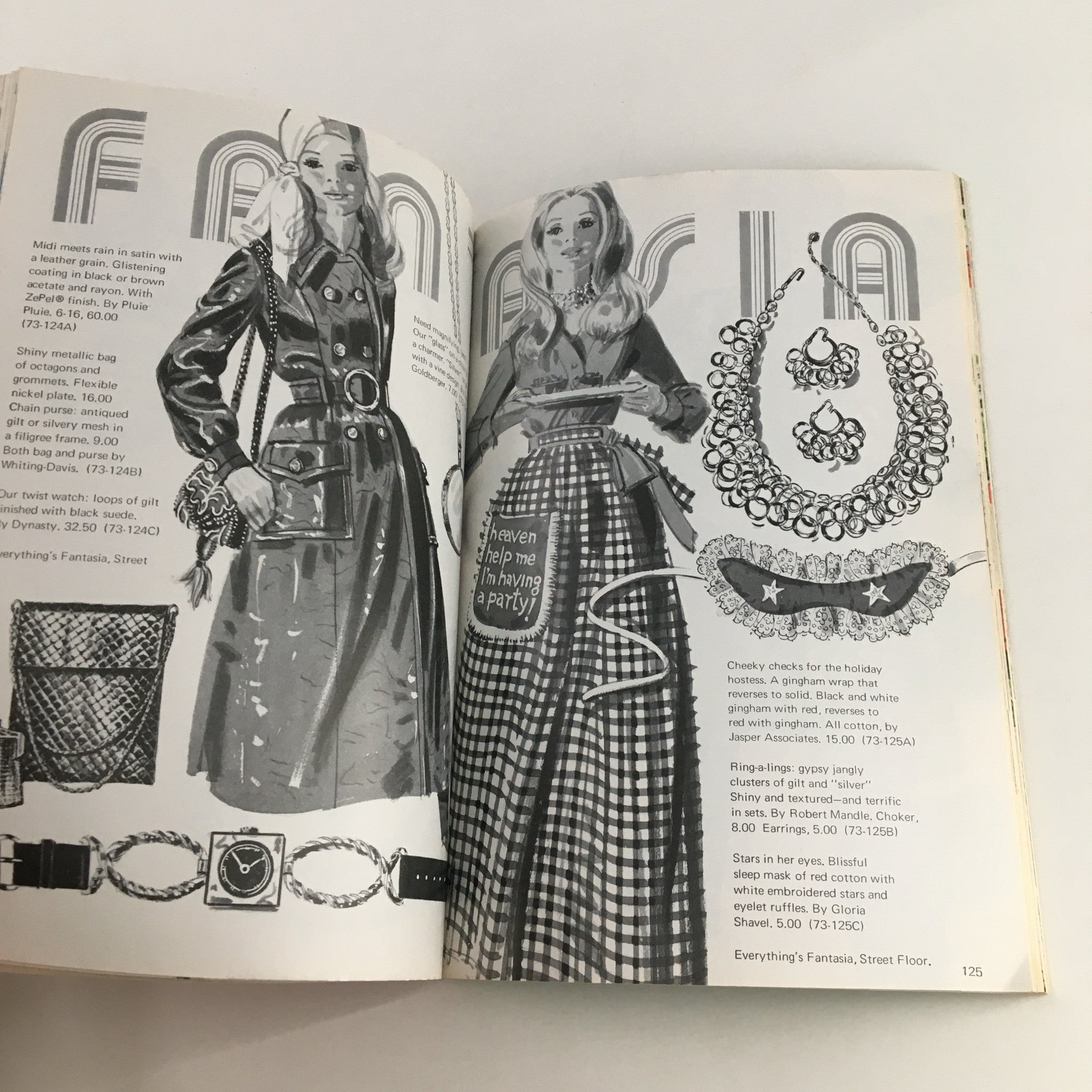 Page from the 1970 The Lord and Taylor Christmas Book featuring vintage fashion illustrations and holiday accessories.