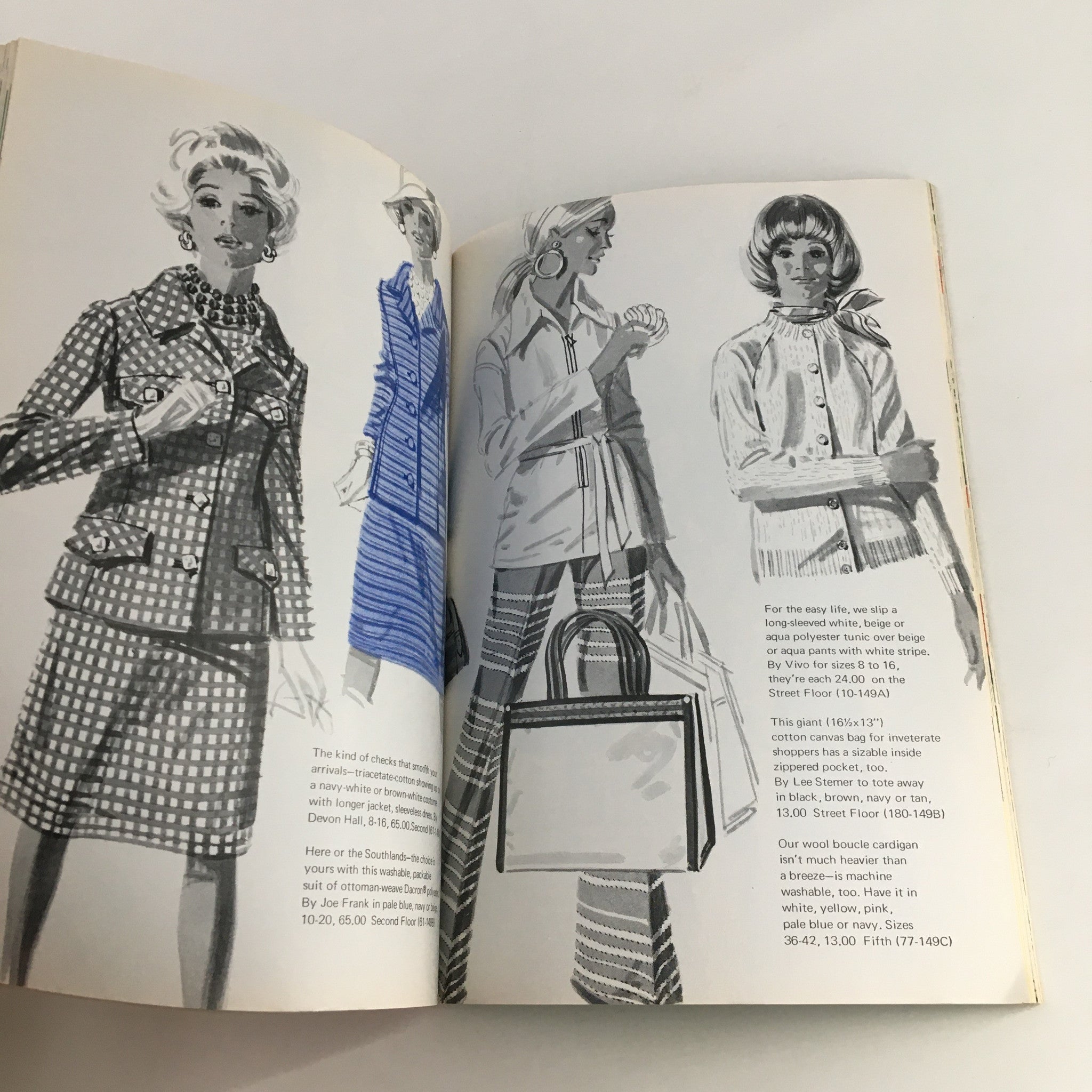 Fashion illustration page from the 1970 The Lord and Taylor Christmas Book showcasing stylish outfits and accessories for the holiday season.