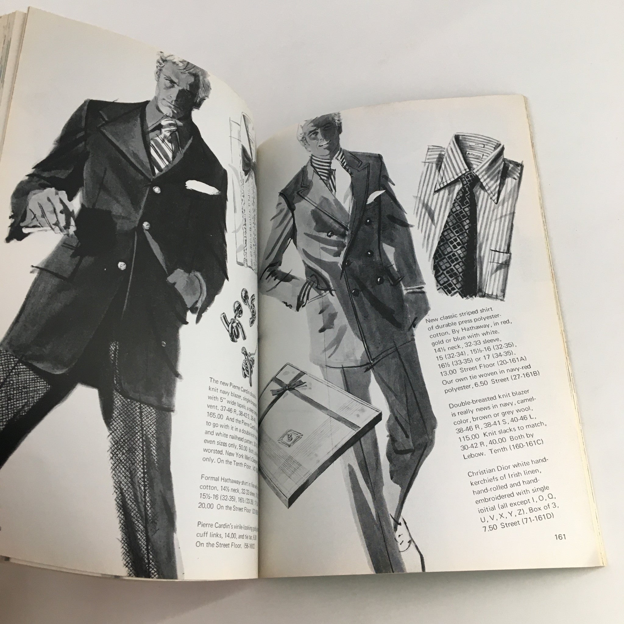 Illustration of formal menswear from the 1970 The Lord and Taylor Christmas Book, highlighting classic fashion for festive occasions.