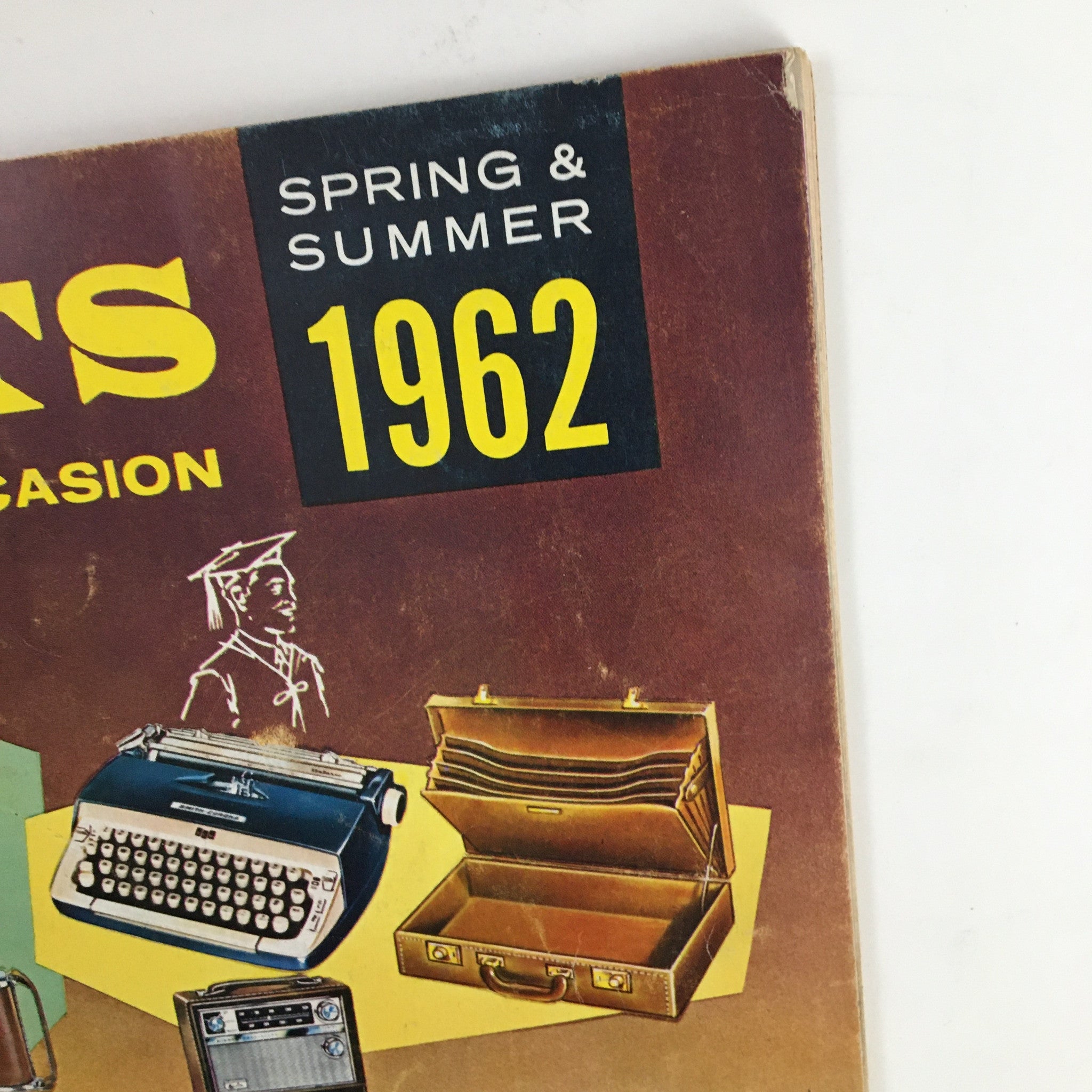 Detail of the 1962 Best Products Company catalog cover featuring the title 'Gifts For Every Occasion' with images of a typewriter and a briefcase.