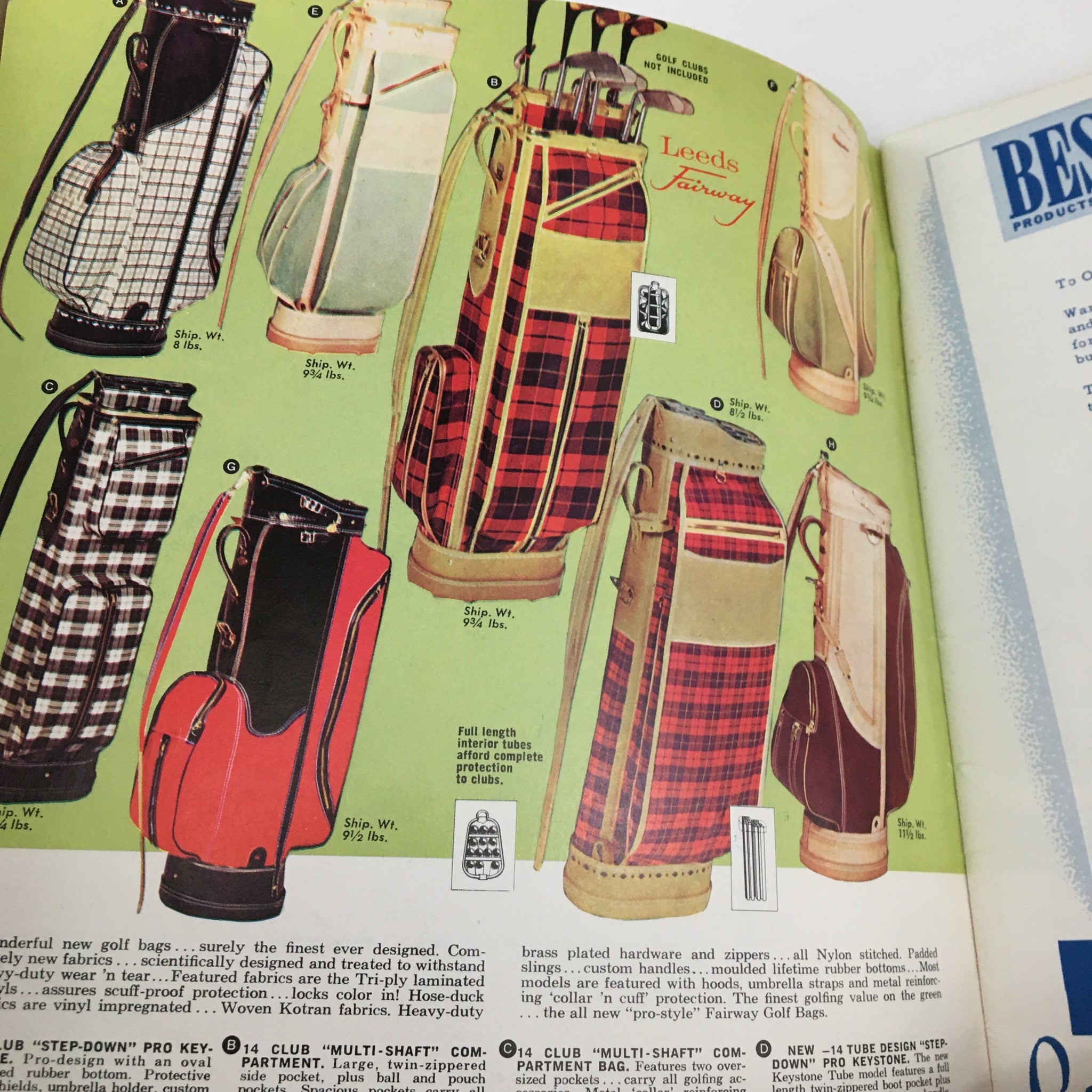 1962 Best Products Company Inc. Gifts For Every Occasion - An assortment of vintage golf bags featuring various plaid and solid color designs, highlighting their durable materials and detailed specifications.