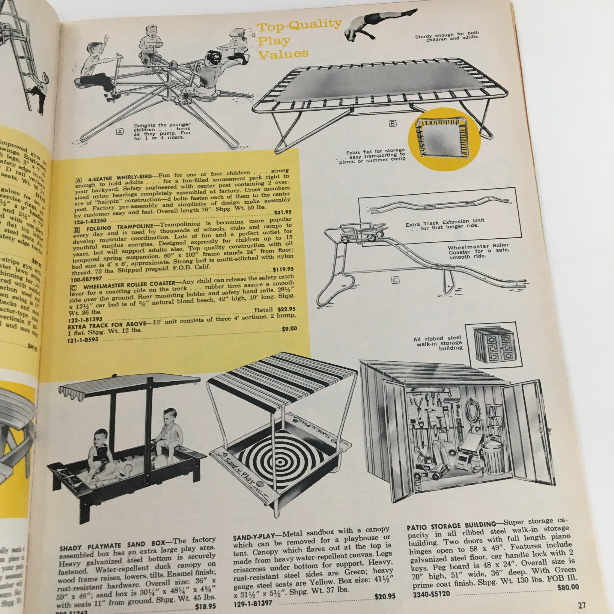 1962 Best Products Company Inc. Gifts For Every Occasion - A collection of children's play equipment including a trampoline, merry-go-round, and play sandboxes, showcasing safety features and pricing.