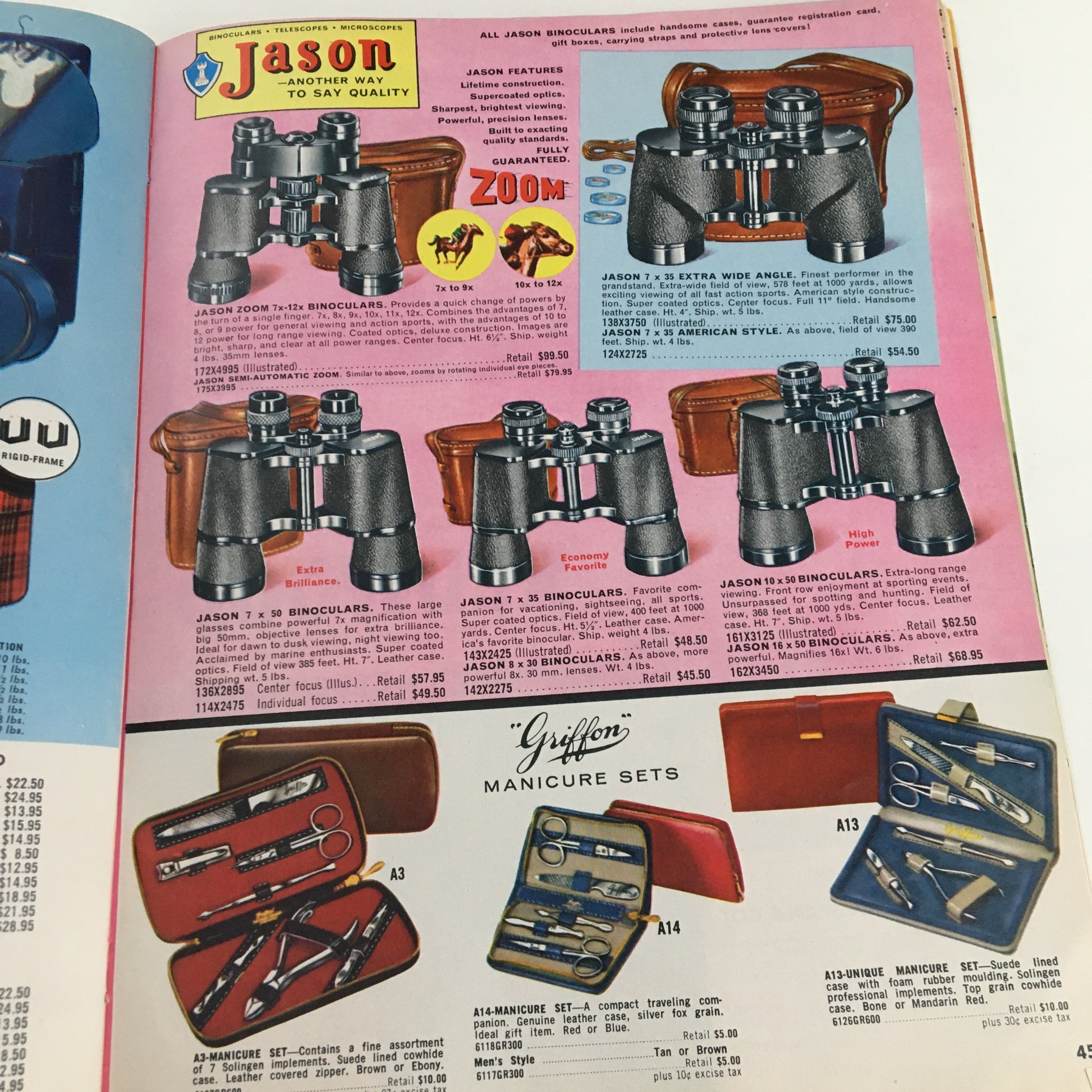 1962 Best Products Company Inc. Gifts For Every Occasion - A colorful page advertising Jason binoculars and Griffon manicure sets, featuring product descriptions and pricing details.